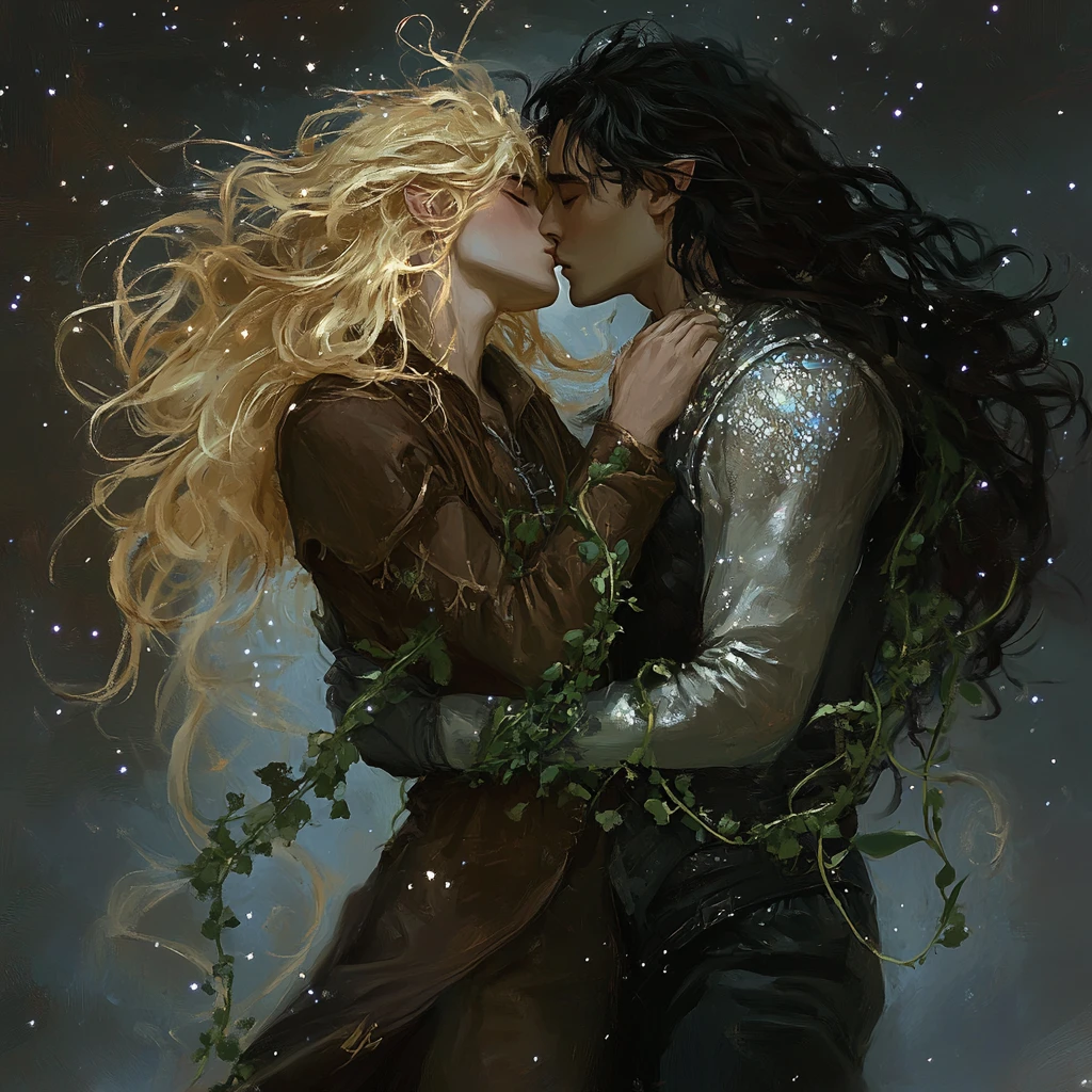Young male couple kissing under a dramatic starry sky