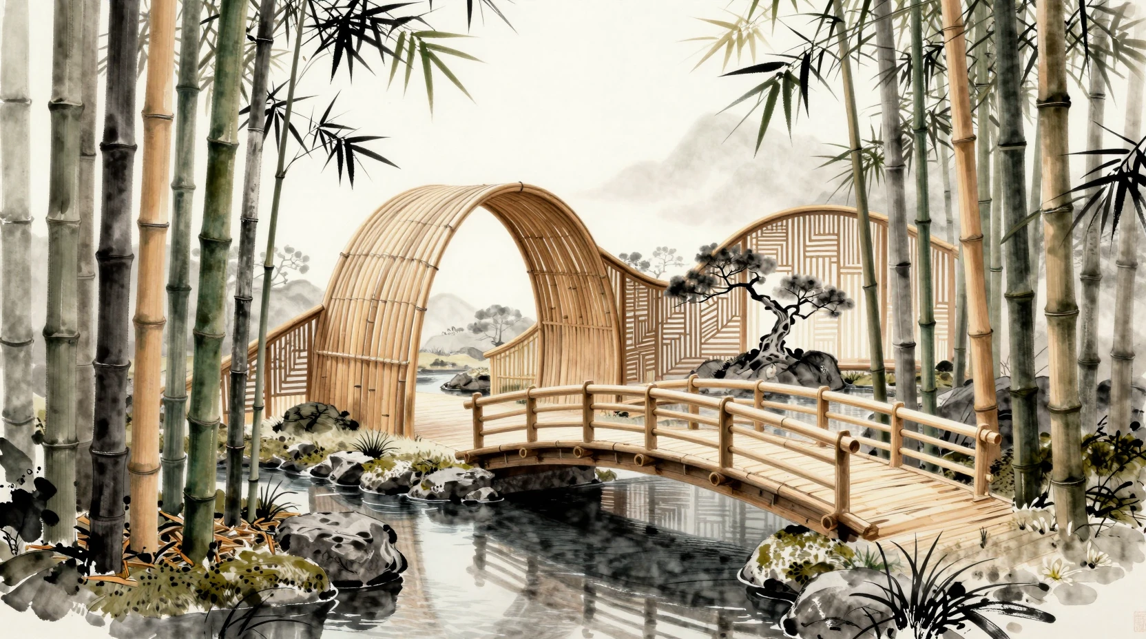 Sereno Giardino Giapponese di Bambù con Archi Scolpiti