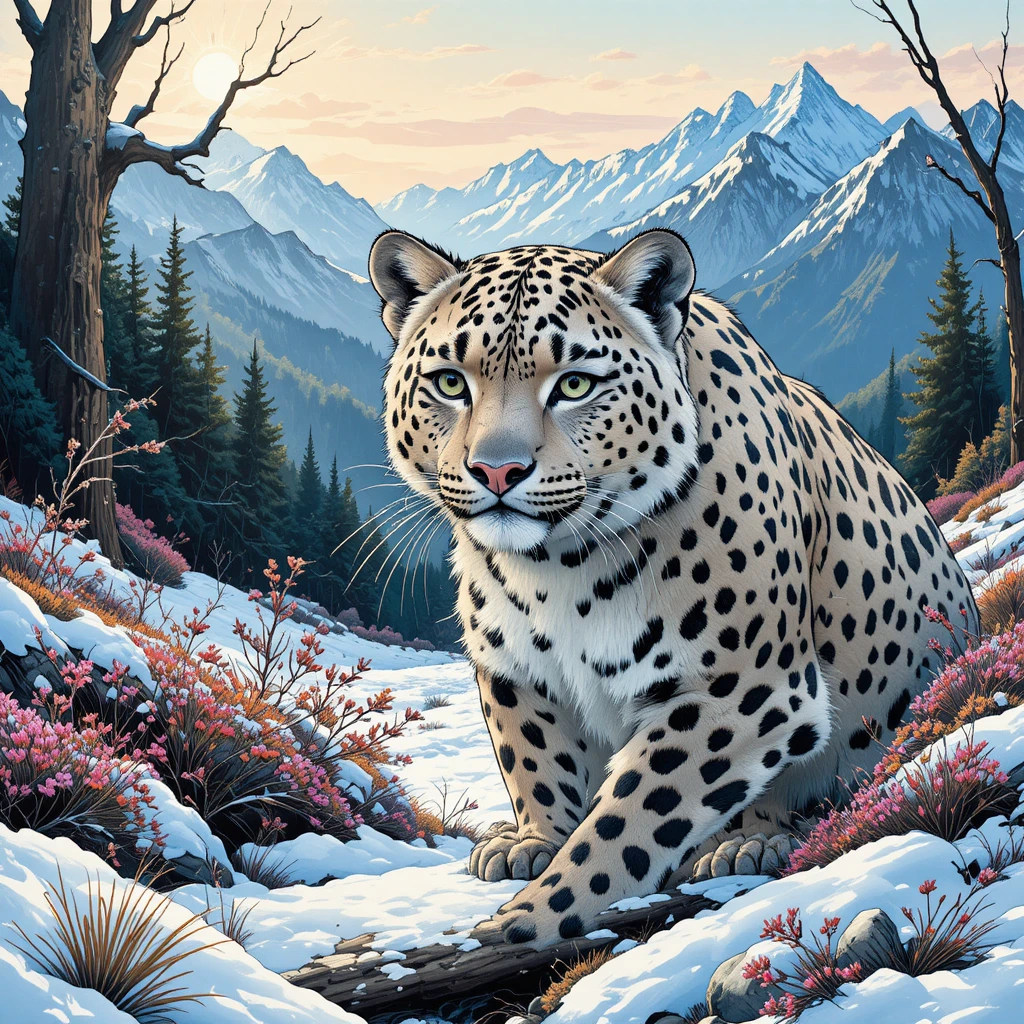 Illustrazione a inchiostro di un leopardo delle nevi in un paesaggio invernale
