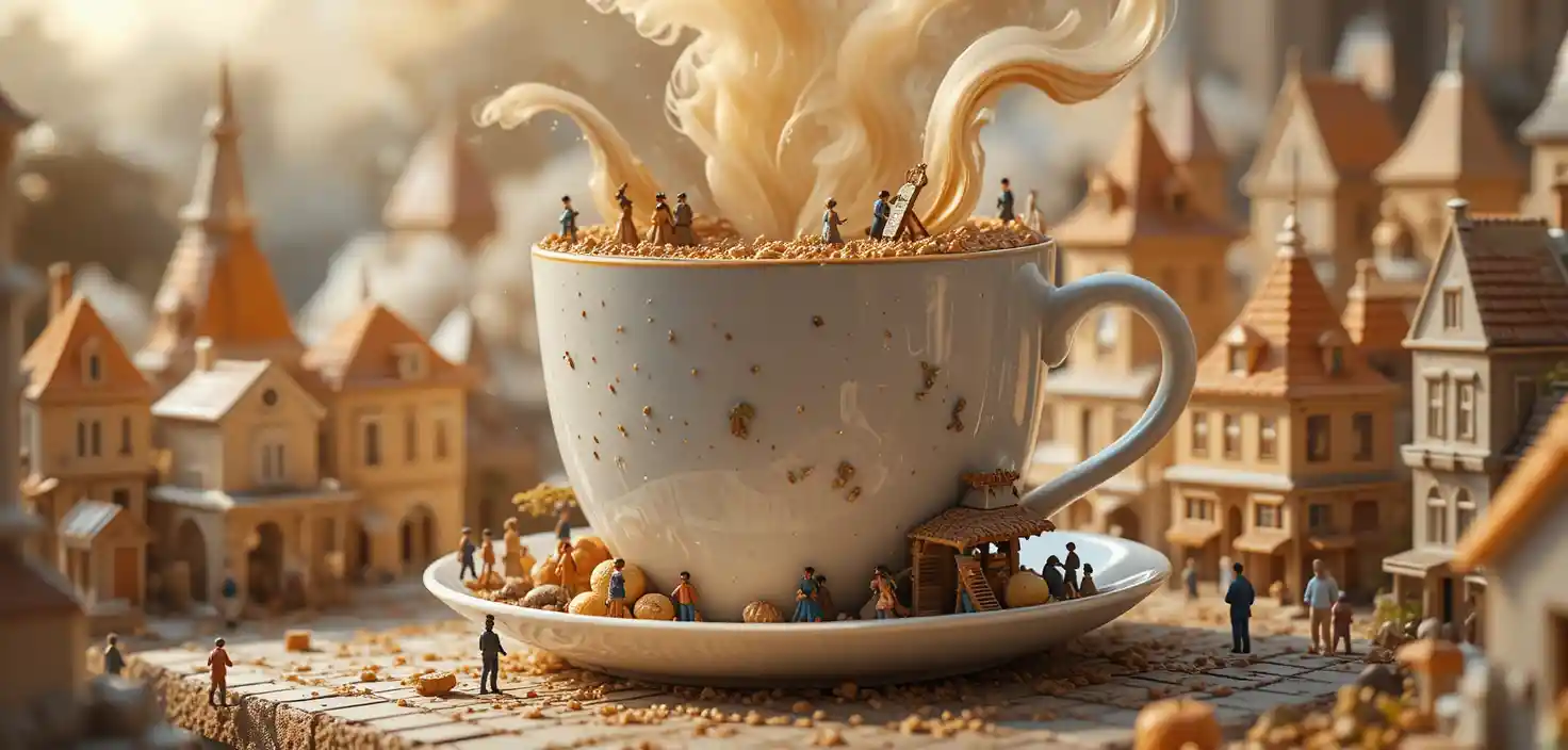 Riesige Kaffeetasse über einer verspielten Miniaturstadt