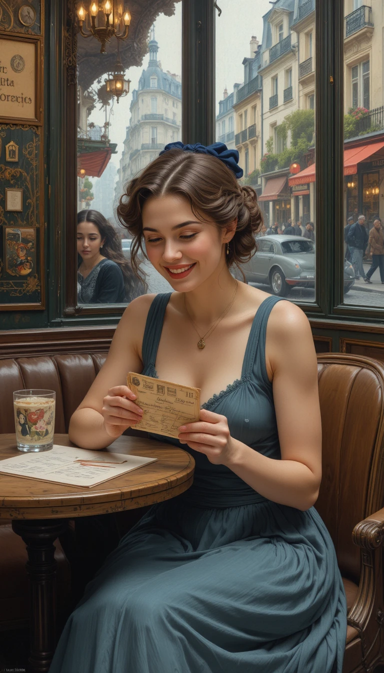Woman reading an old letter in a Parisian cafe