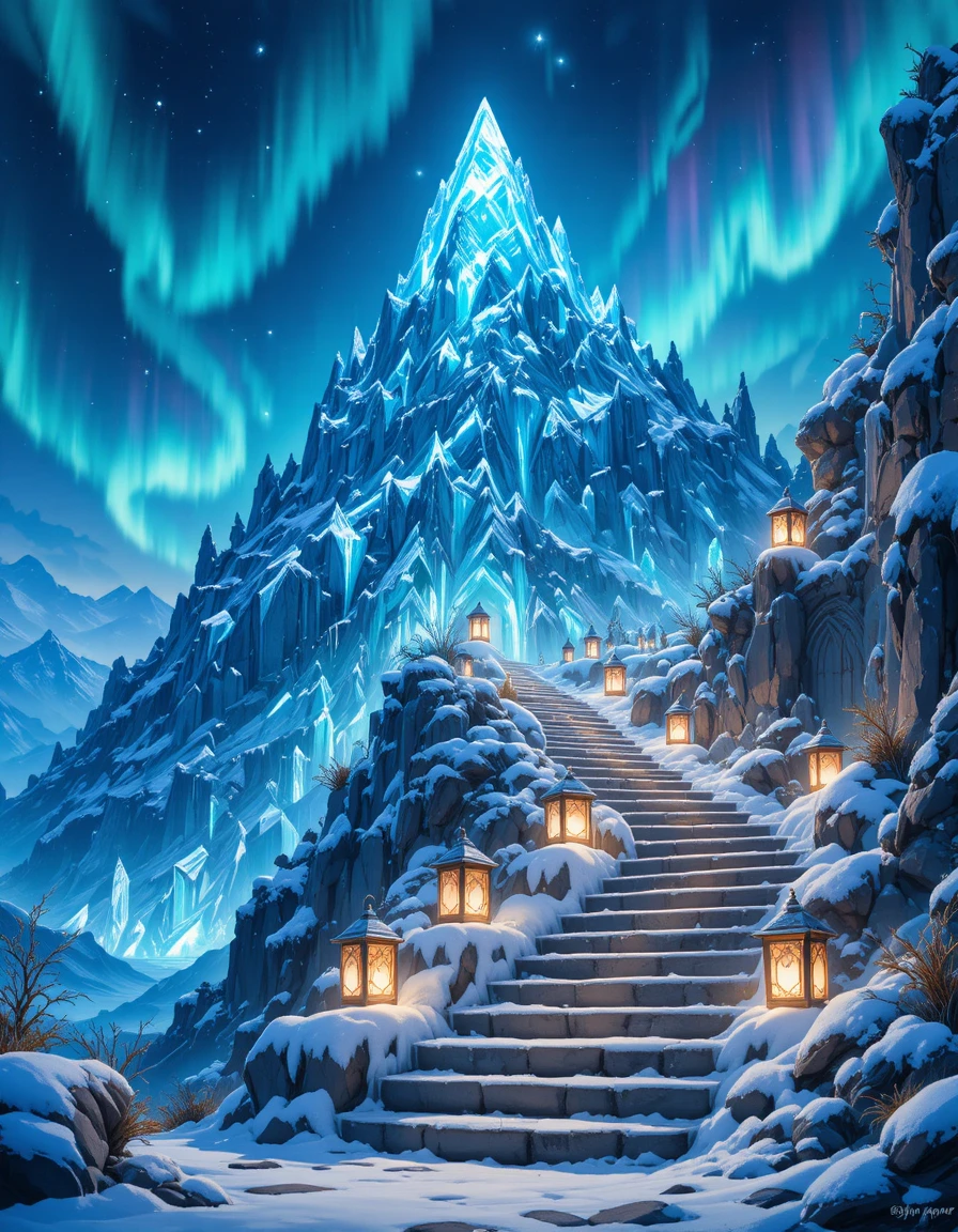 Montagne de glace enchantée avec ancien escalier enneigé