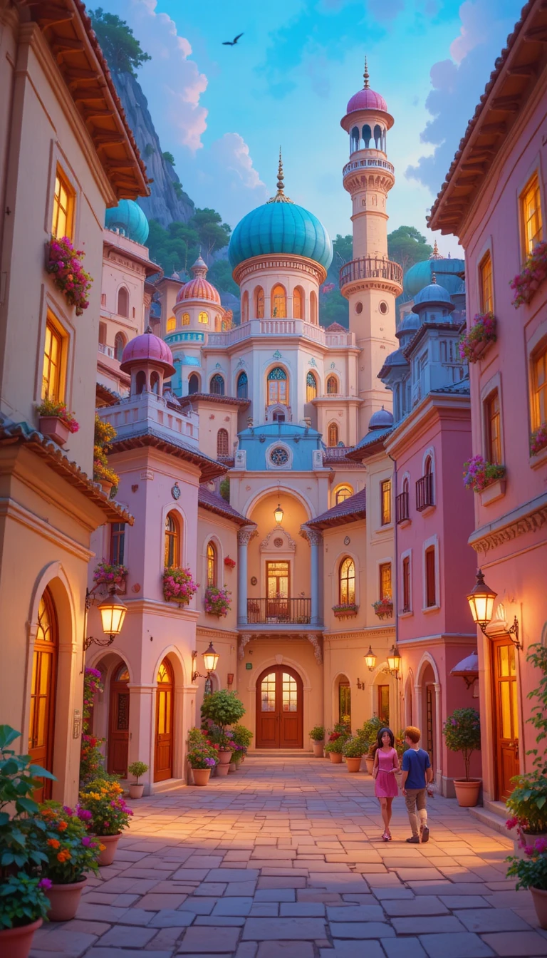 Colorful fantasy Islamic city with soft pastel buildings