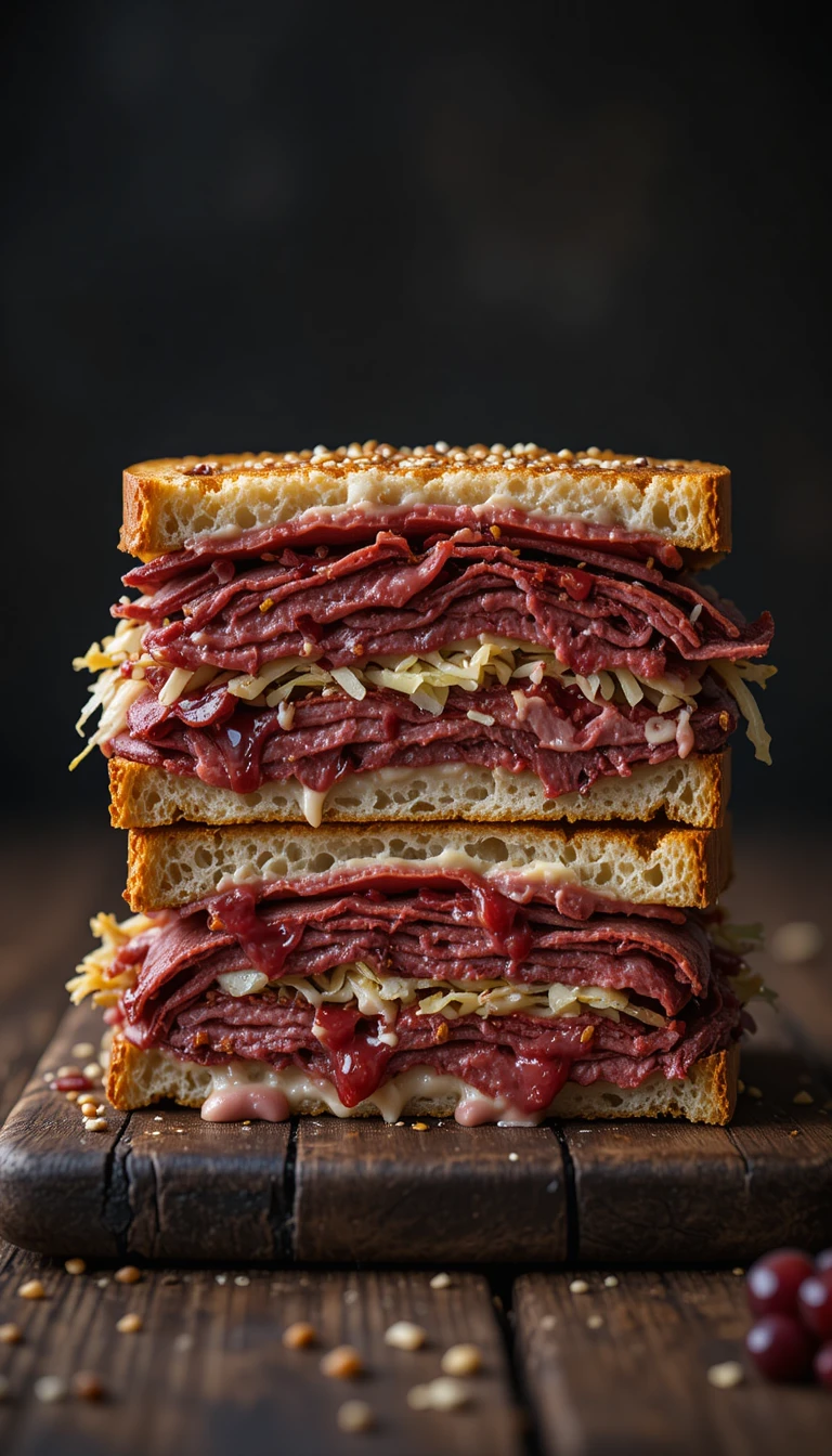 Panino Reuben impilato su pane di segale con salsa ai mirtilli rossi