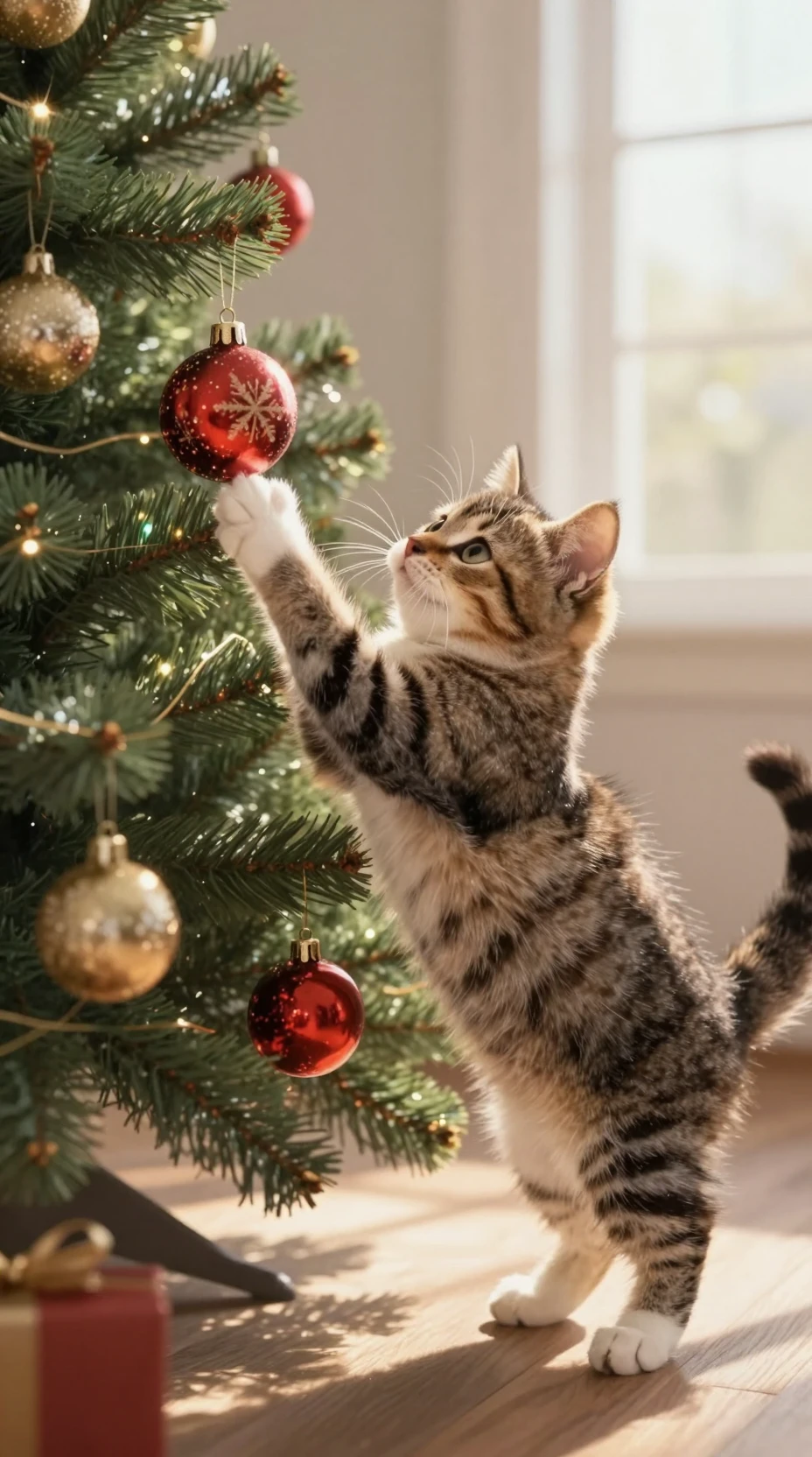 Gatinho tigrado brincando com bola na árvore de Natal
