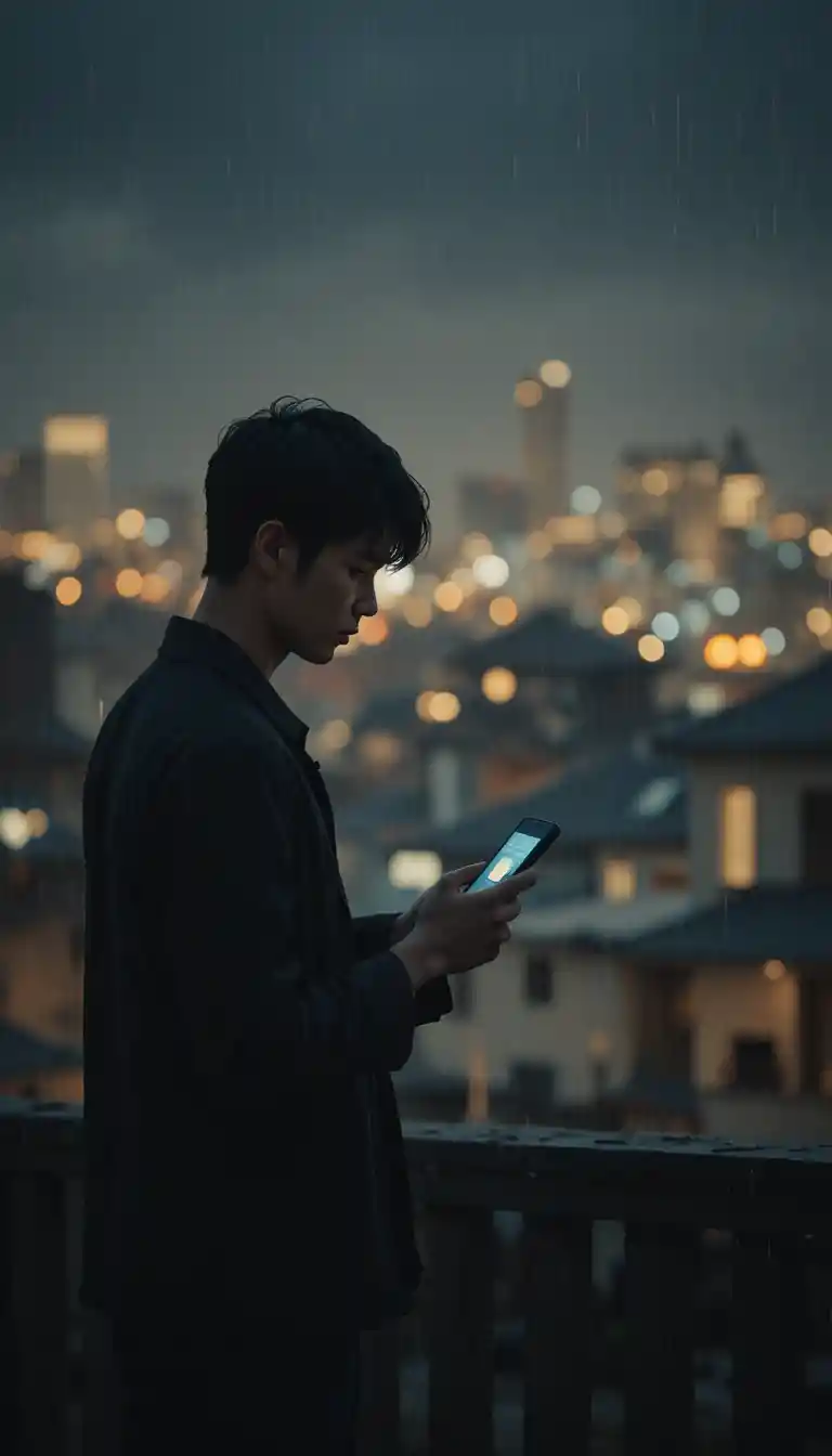 Einsamer Mann mit Handy auf regennasser Stadtdachterrasse bei Nacht