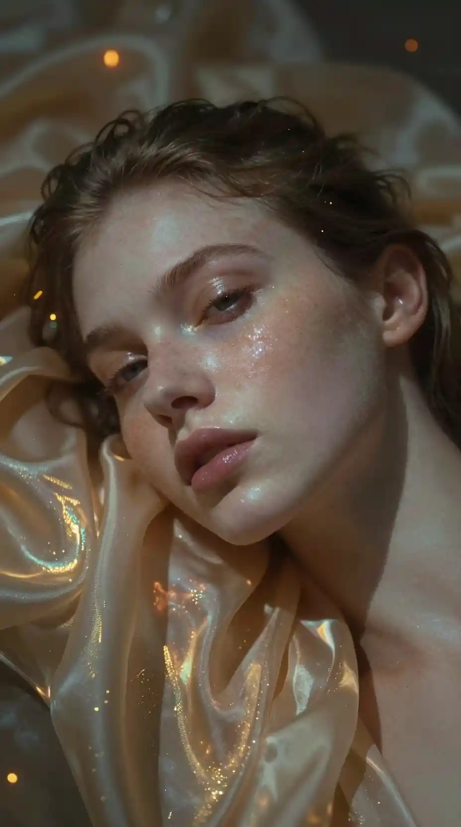 Ethereal girl face rising from iridescent silk and gold