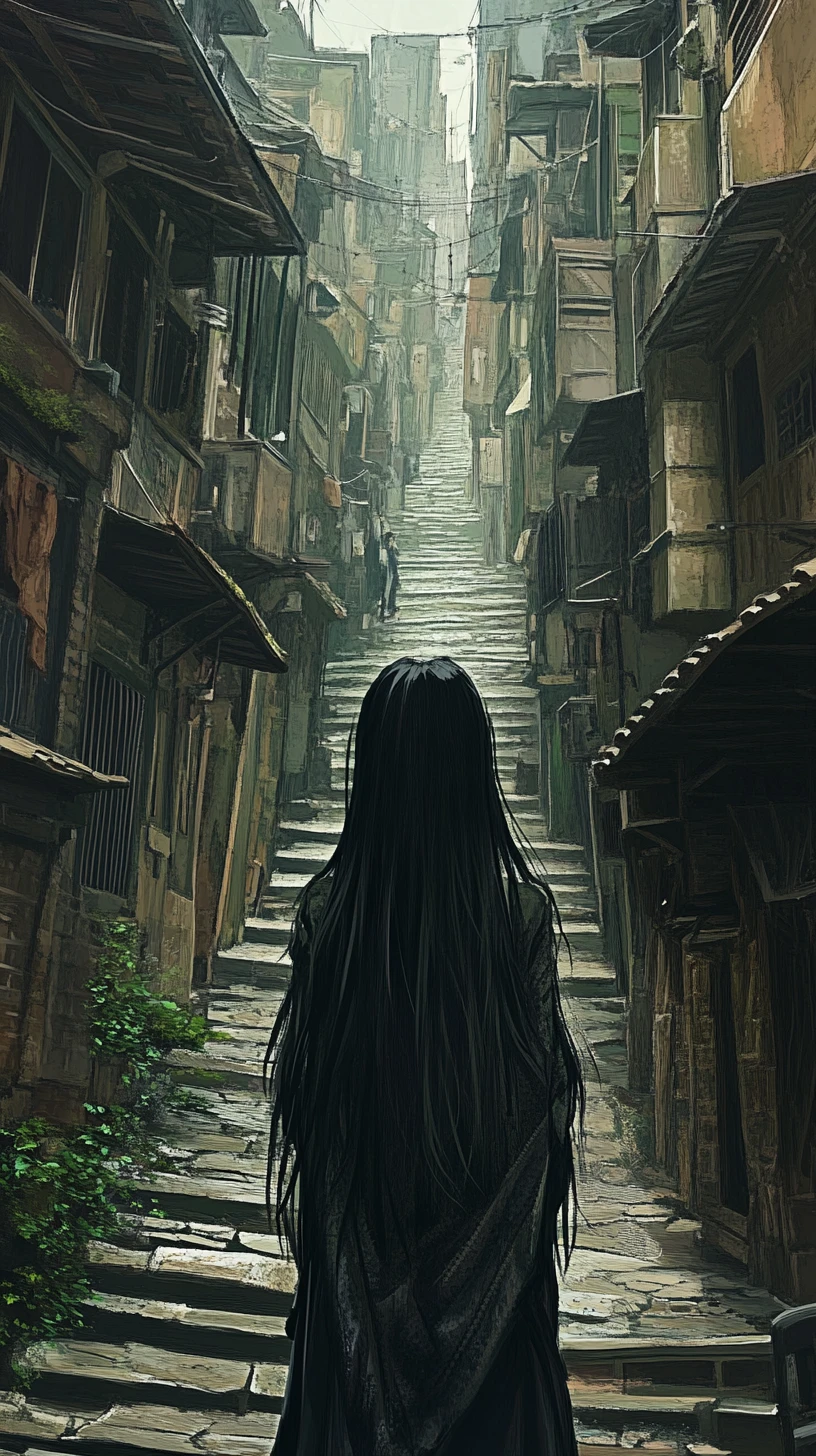 Anime girl walking alone down a narrow city alley