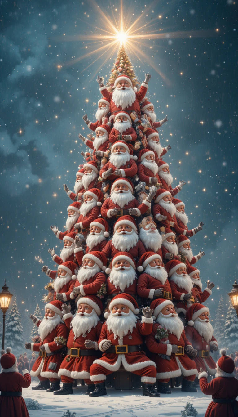 Giant Christmas Tree Built From Stacked Santas In Snow