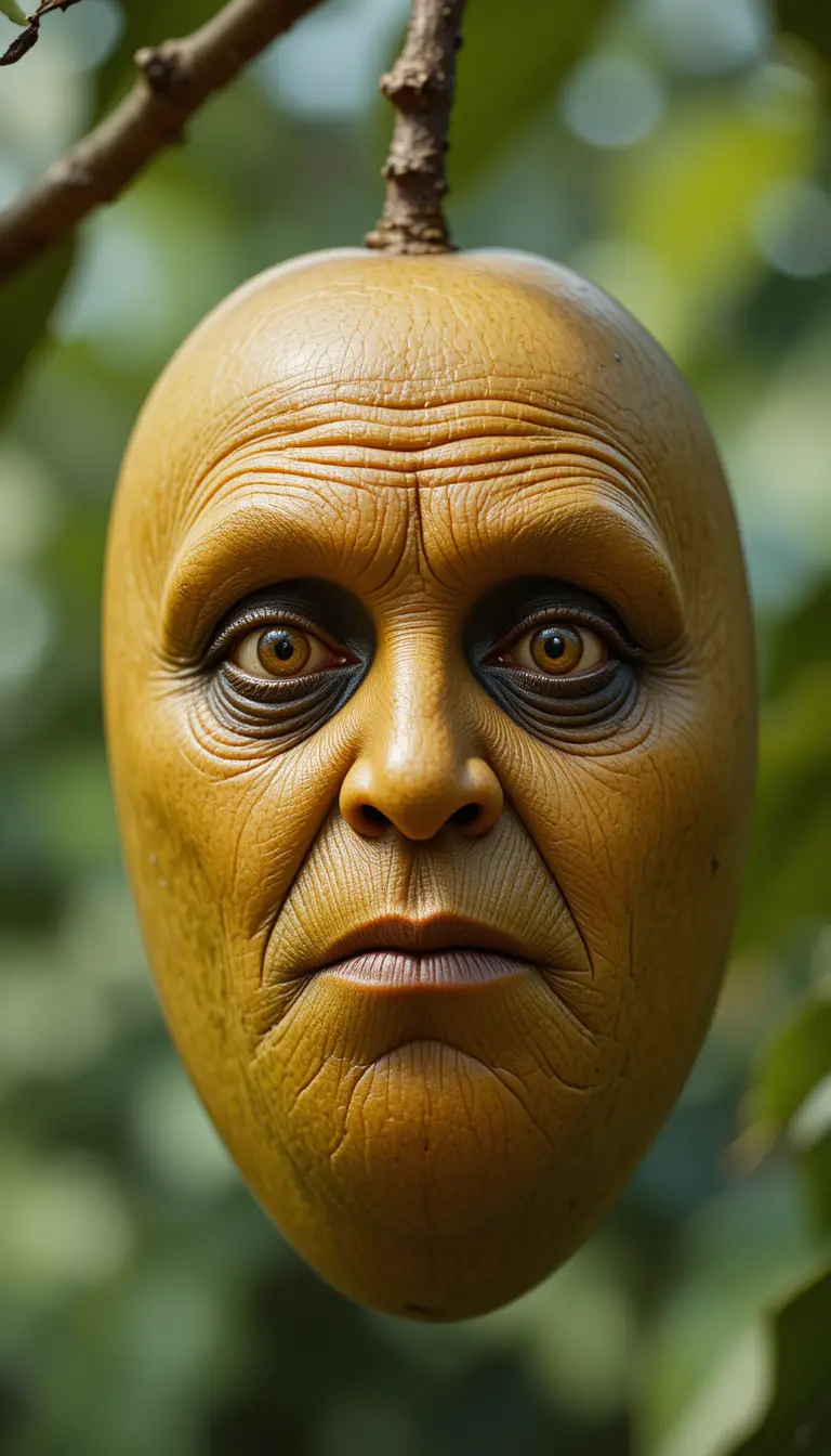 Ripe Mango With Ancient Face Illusion Hanging On Stem