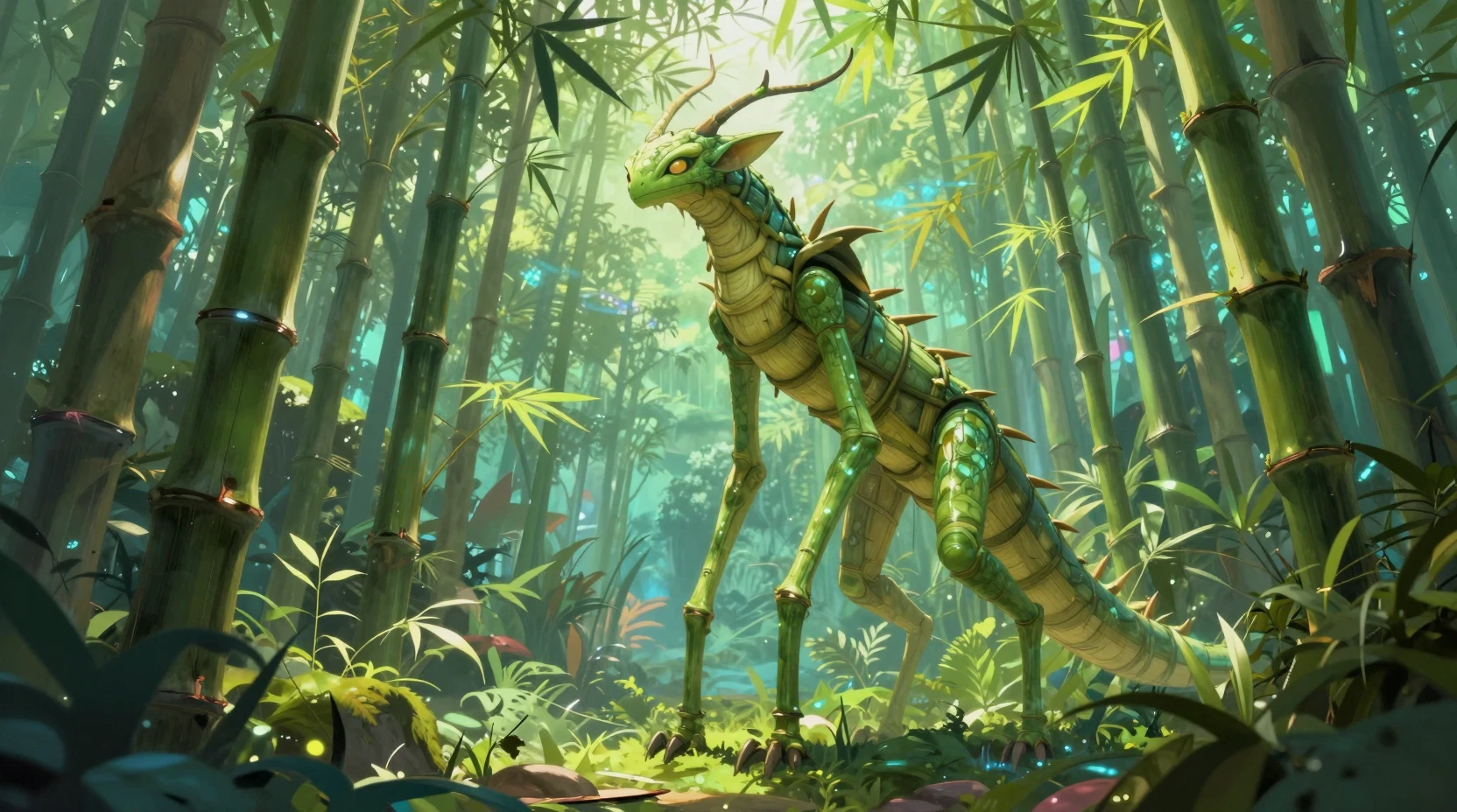 Bamboo inspired fantasy creature guarding a vibrant jungle