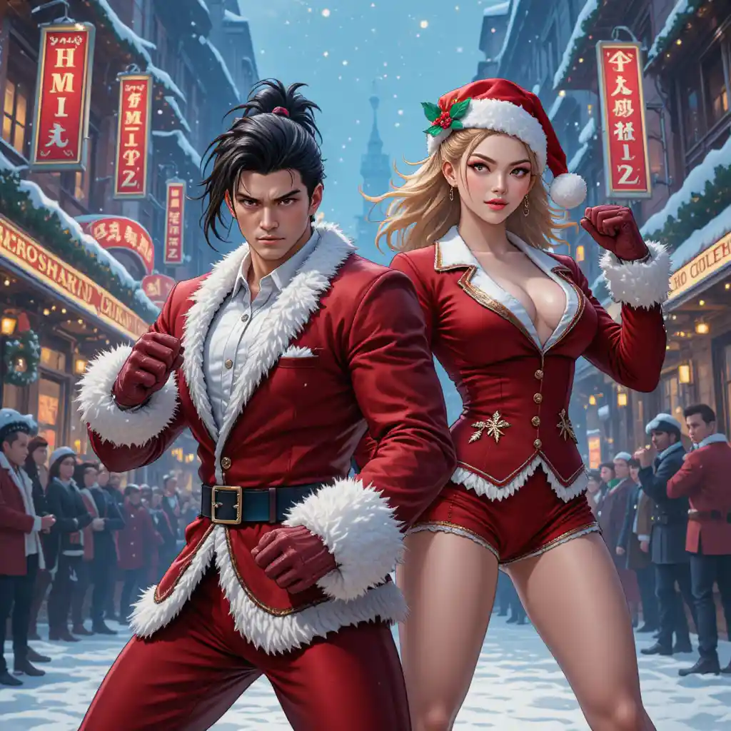 Stylische Weihnachtskämpfer in einer verschneiten Festtagsstraße