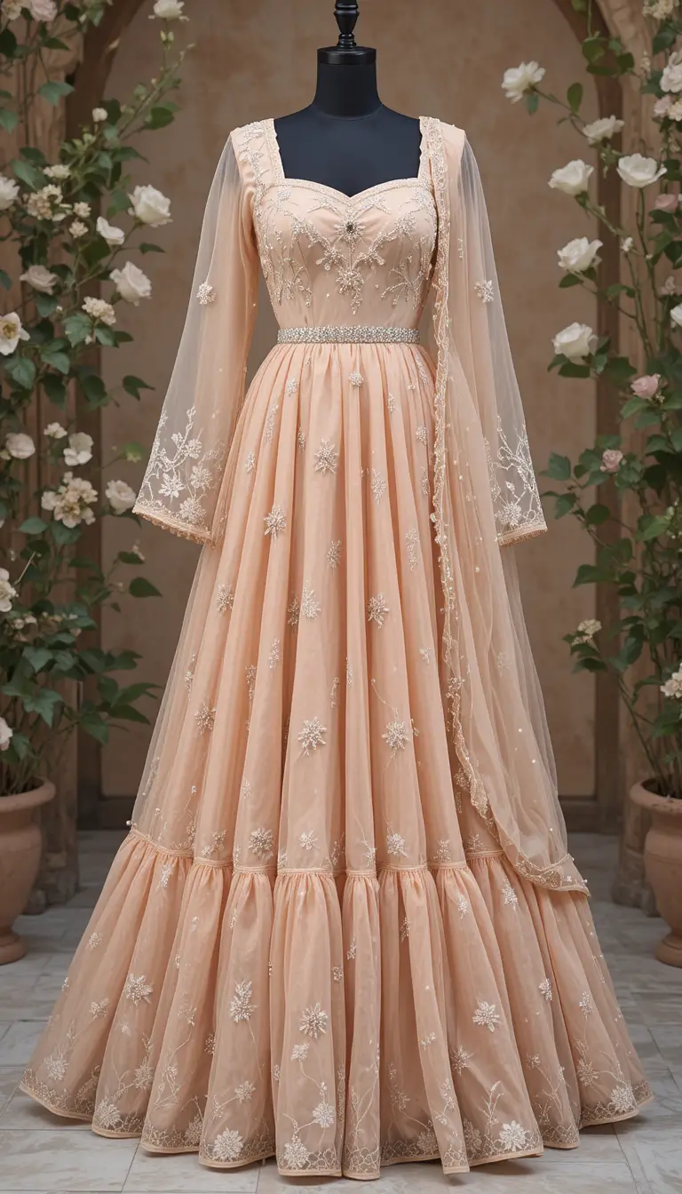Peach silk kalidaar dress with ivory floral embroidery