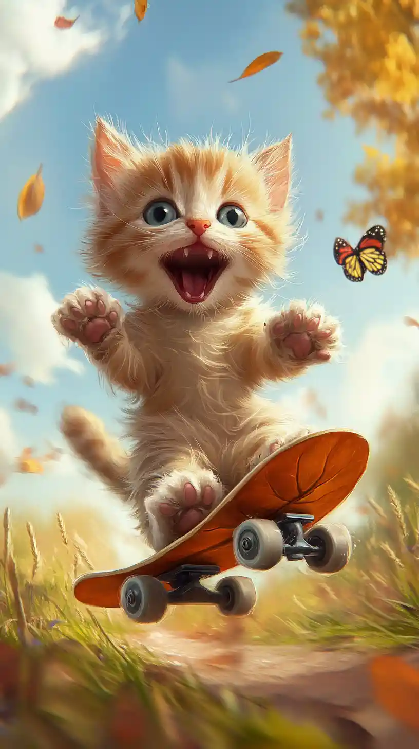 Cachorrito de gato alegre corriendo en una patineta de hoja por campos de otoño