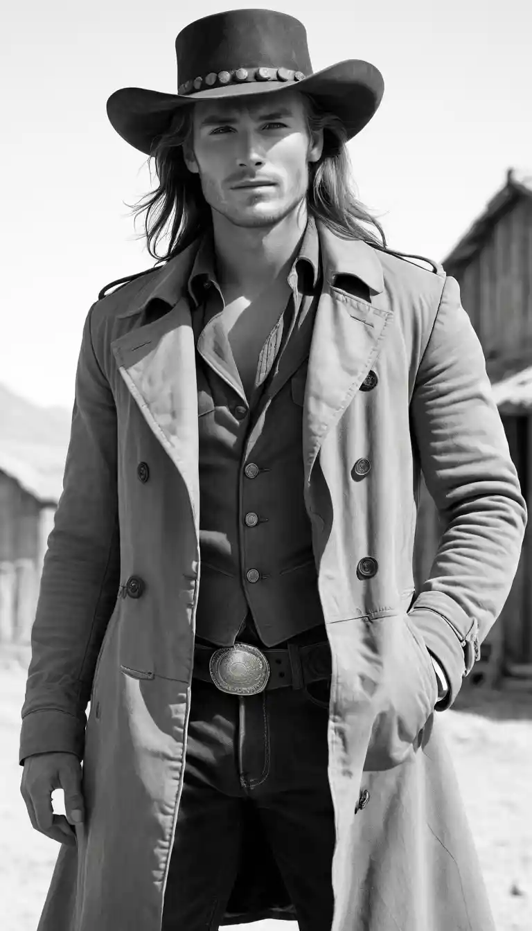 Ritratto di un affascinante giovane cowboy in un’ambientazione da Far West
