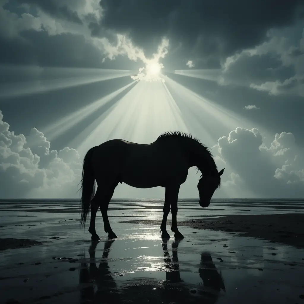 Silhouetted horse reflected on wet beach under radiant sky