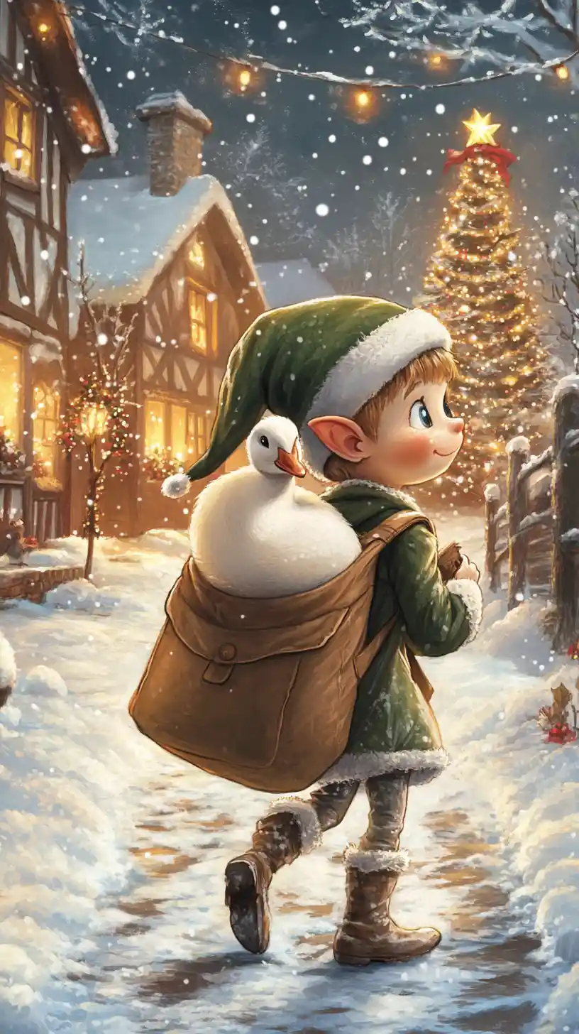 Cute Christmas elf sneaking with backpack on snowy farm
