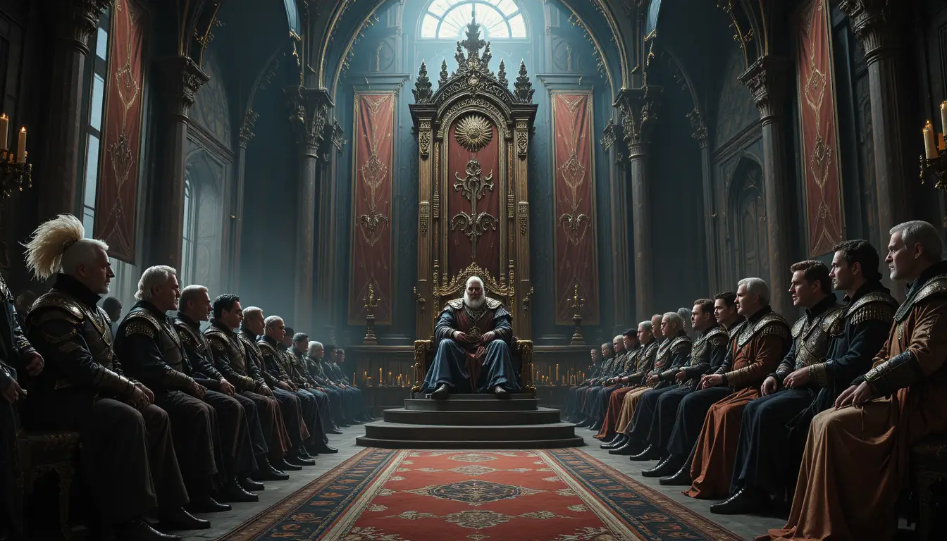 Medieval nobles in a grand throne room with court bards