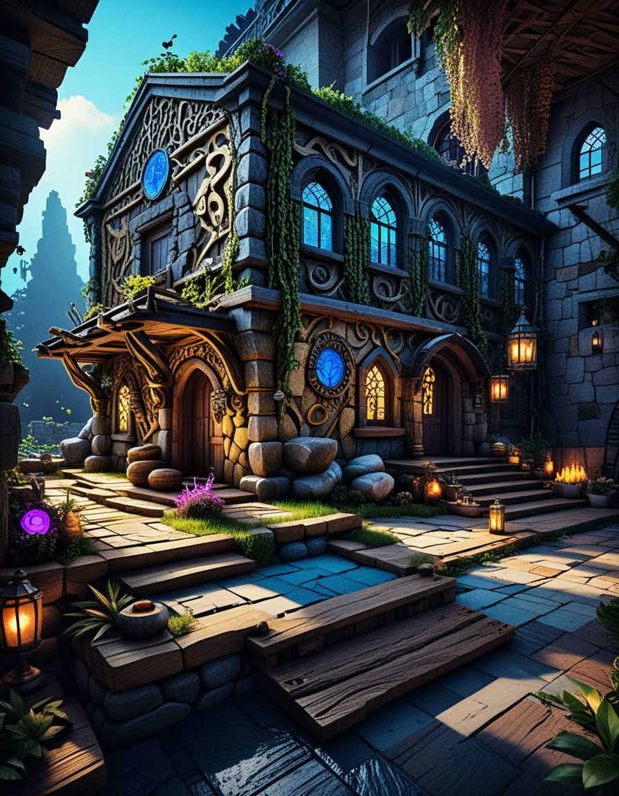 Grand stone viking hall in warm golden interior light