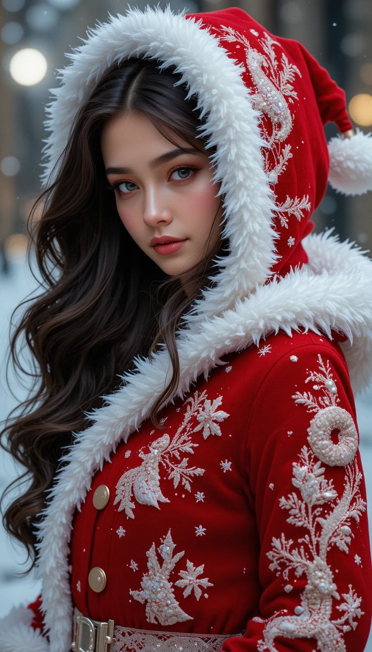 Mujer elegante con abrigo navideño rojo con ribete de pelo blanco