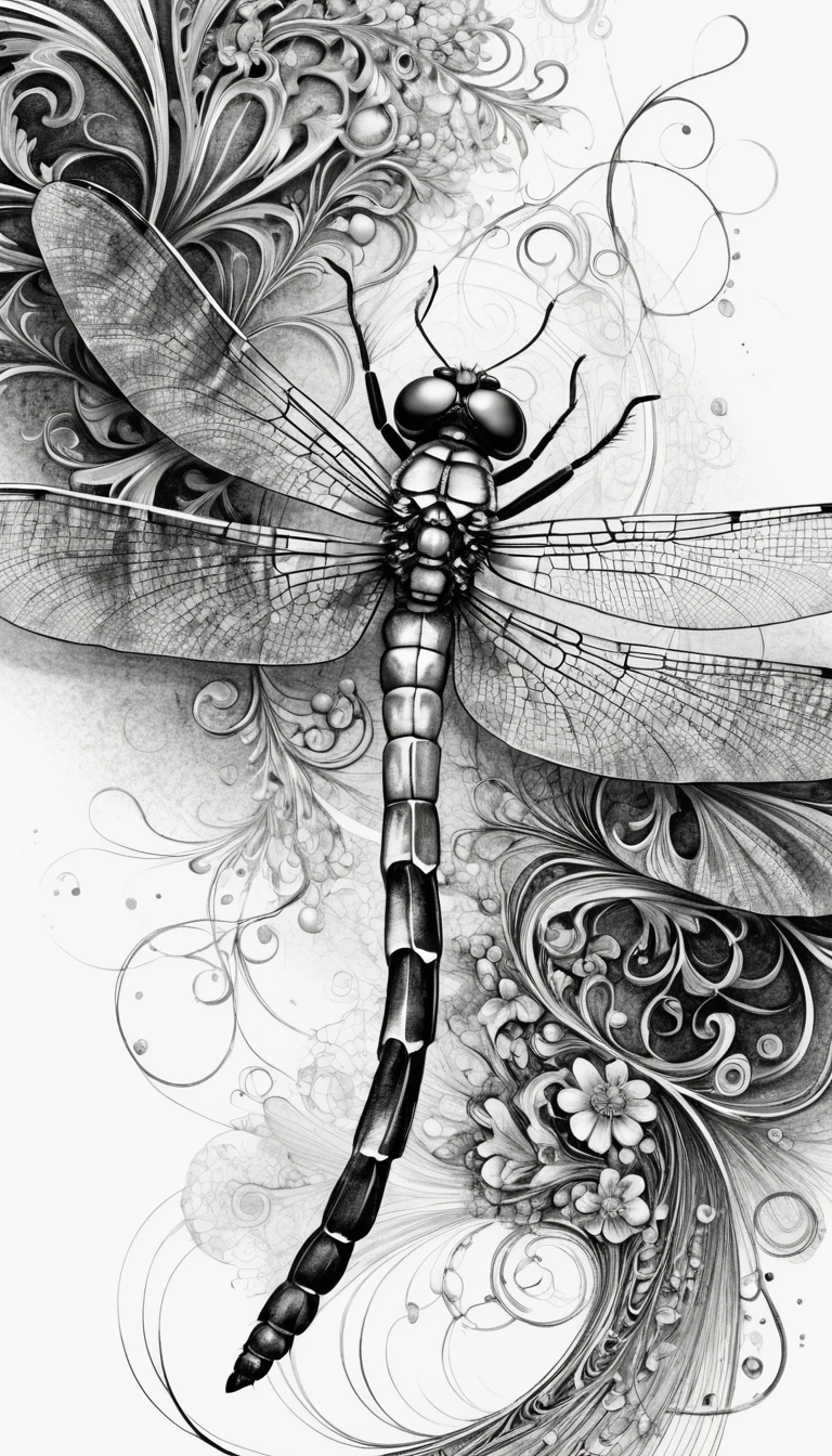 Intricate ink dragonfly emerging from swirling abstract lines