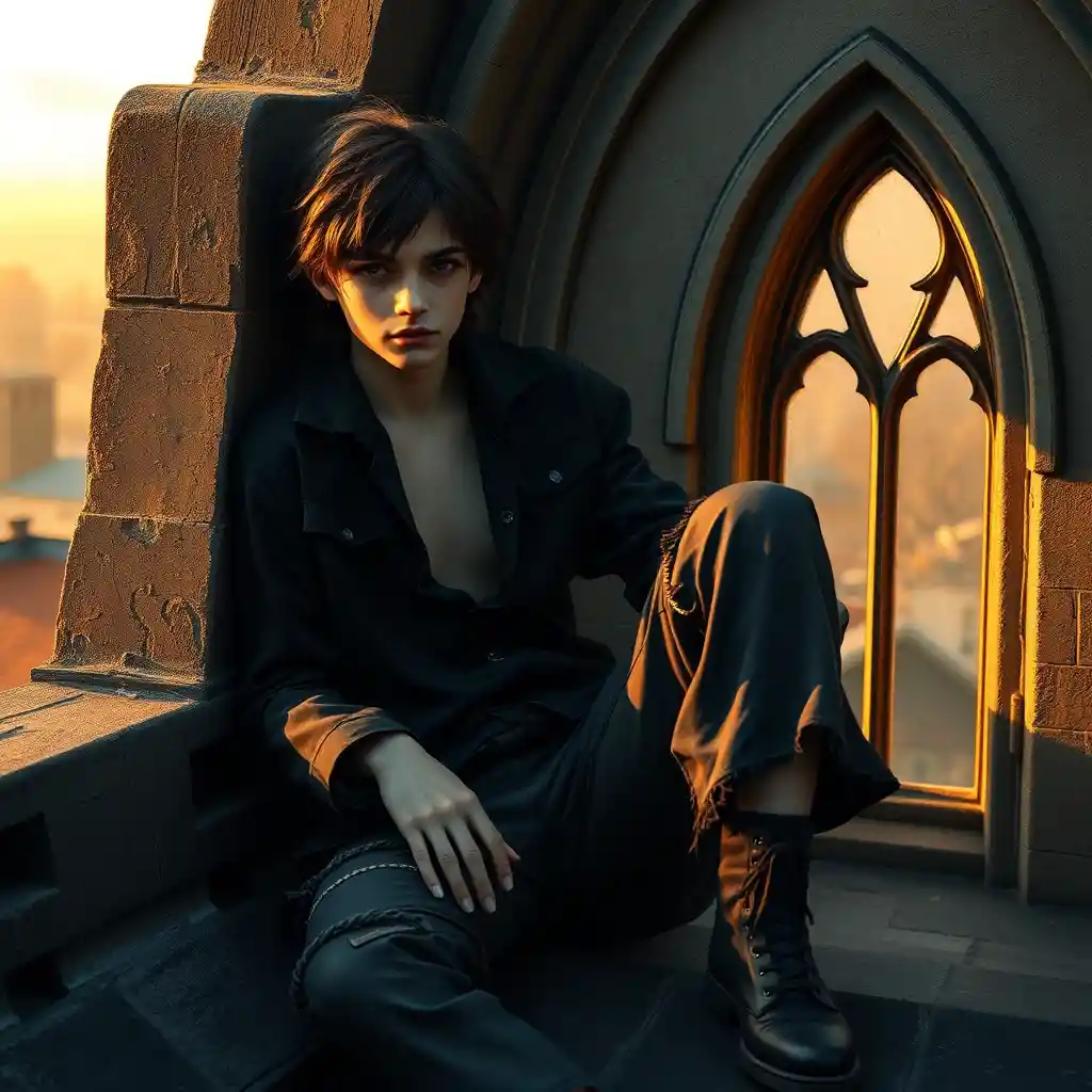 Young vampire on a gothic church roof at sunset