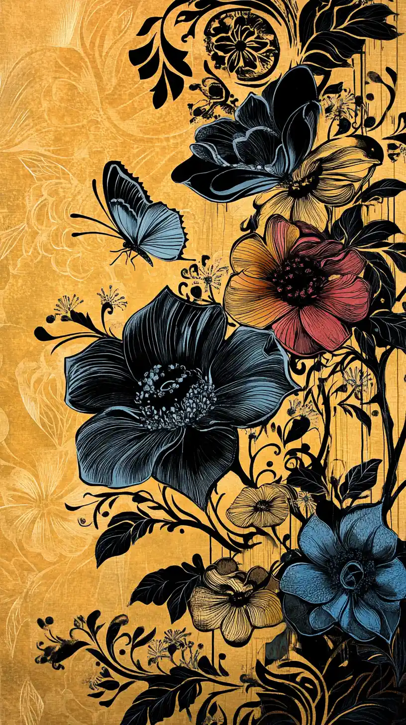 Bold floral silhouette and butterfly on geometric golden backdrop