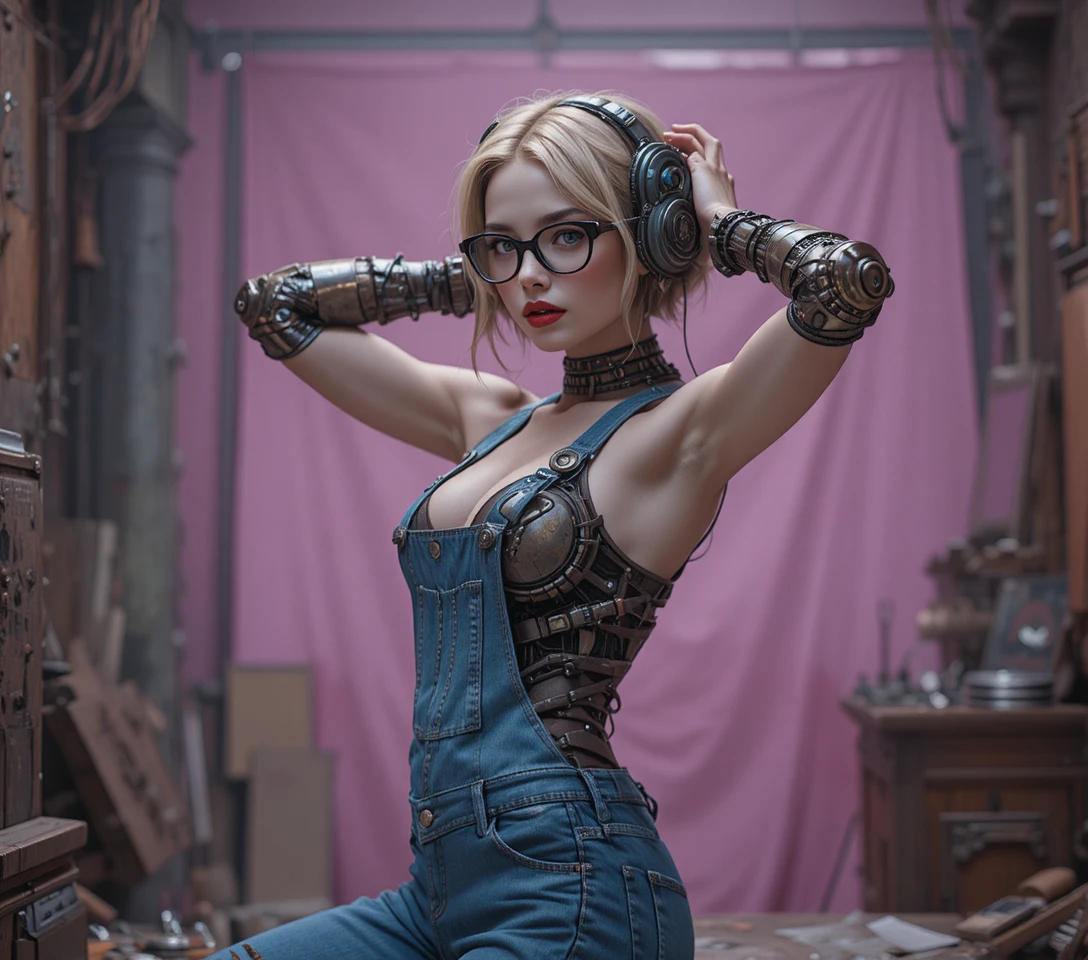 Mechanical steampunk feline made of gears in dark workshop