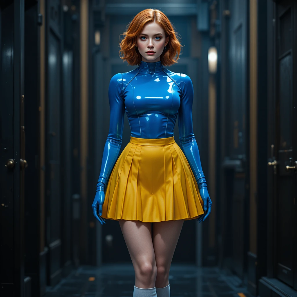 Mujer androide de pie bajo iluminación de estudio cinematográfica y dramática