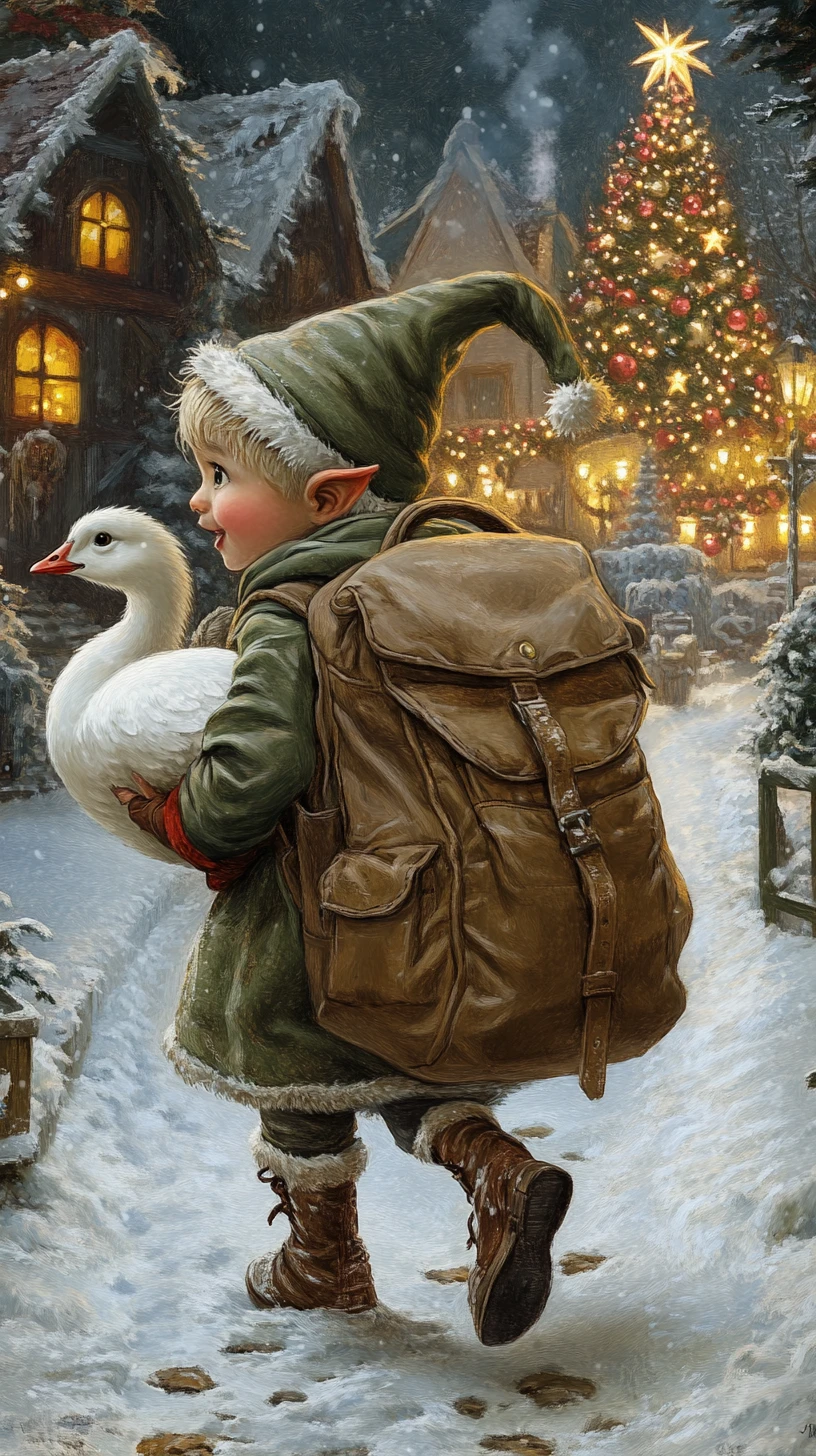 Adorable lutin de Noël se faufilant avec un sac à dos dans une ferme enneigée