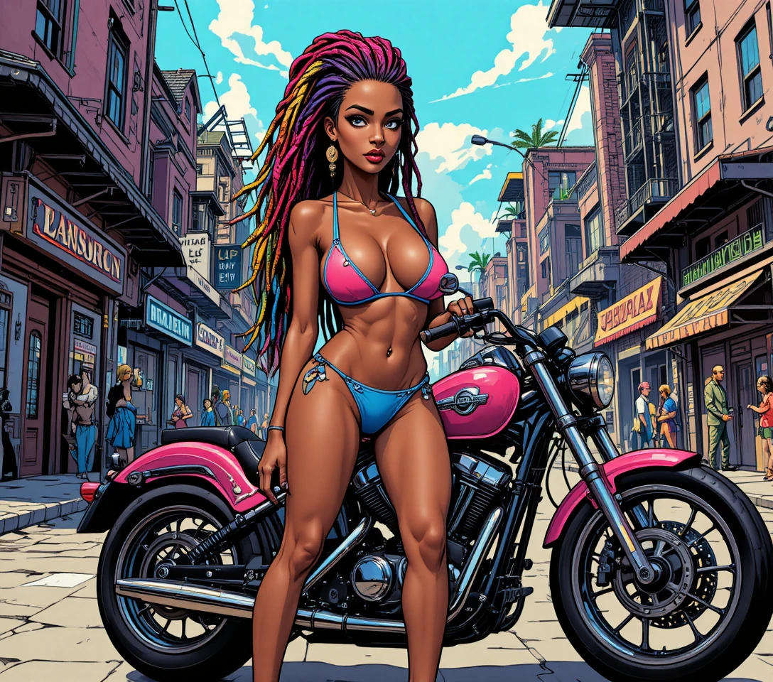 Confident biker woman in neon steampunk city street