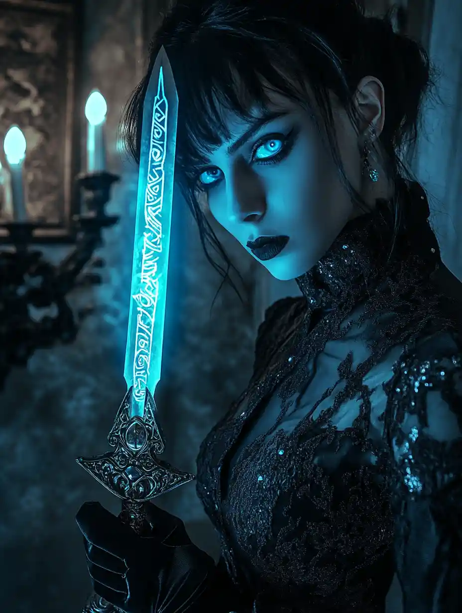 Dark warrior woman with glowing dagger in victorian interior