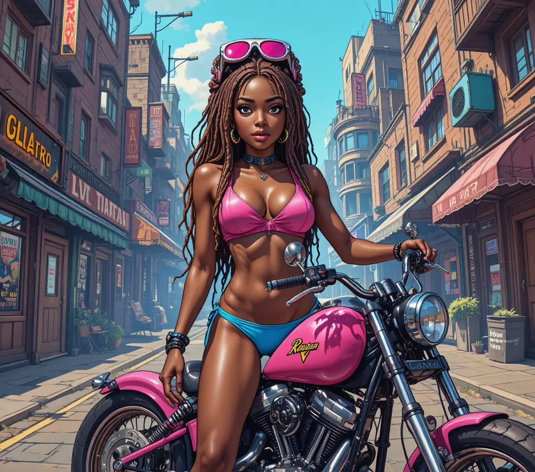 Confident sci fi woman on motorcycle in steampunk street