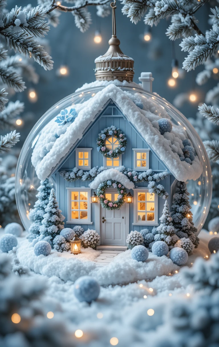 青いクリスマスオーナメントの中の居心地のよい冬の家