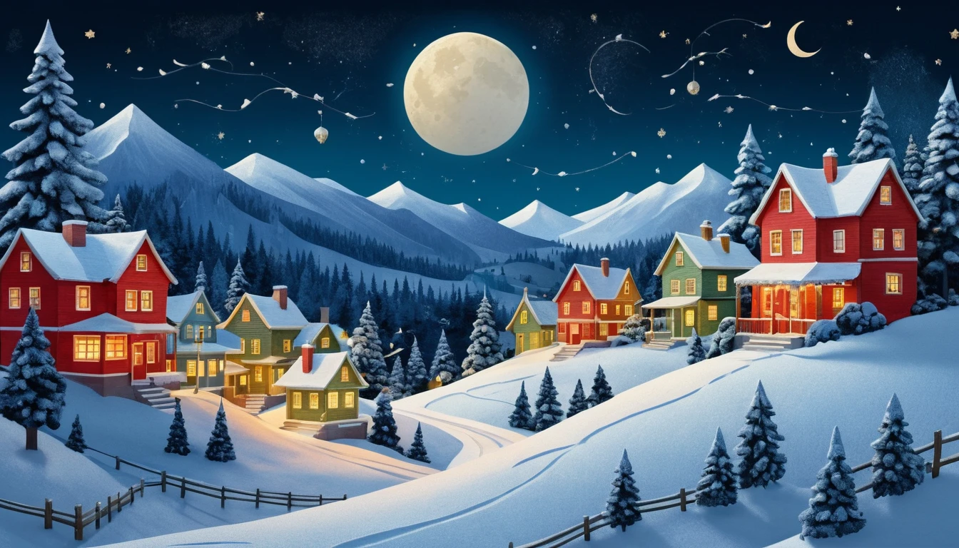 Vila de inverno mágica com árvore de Natal central à noite