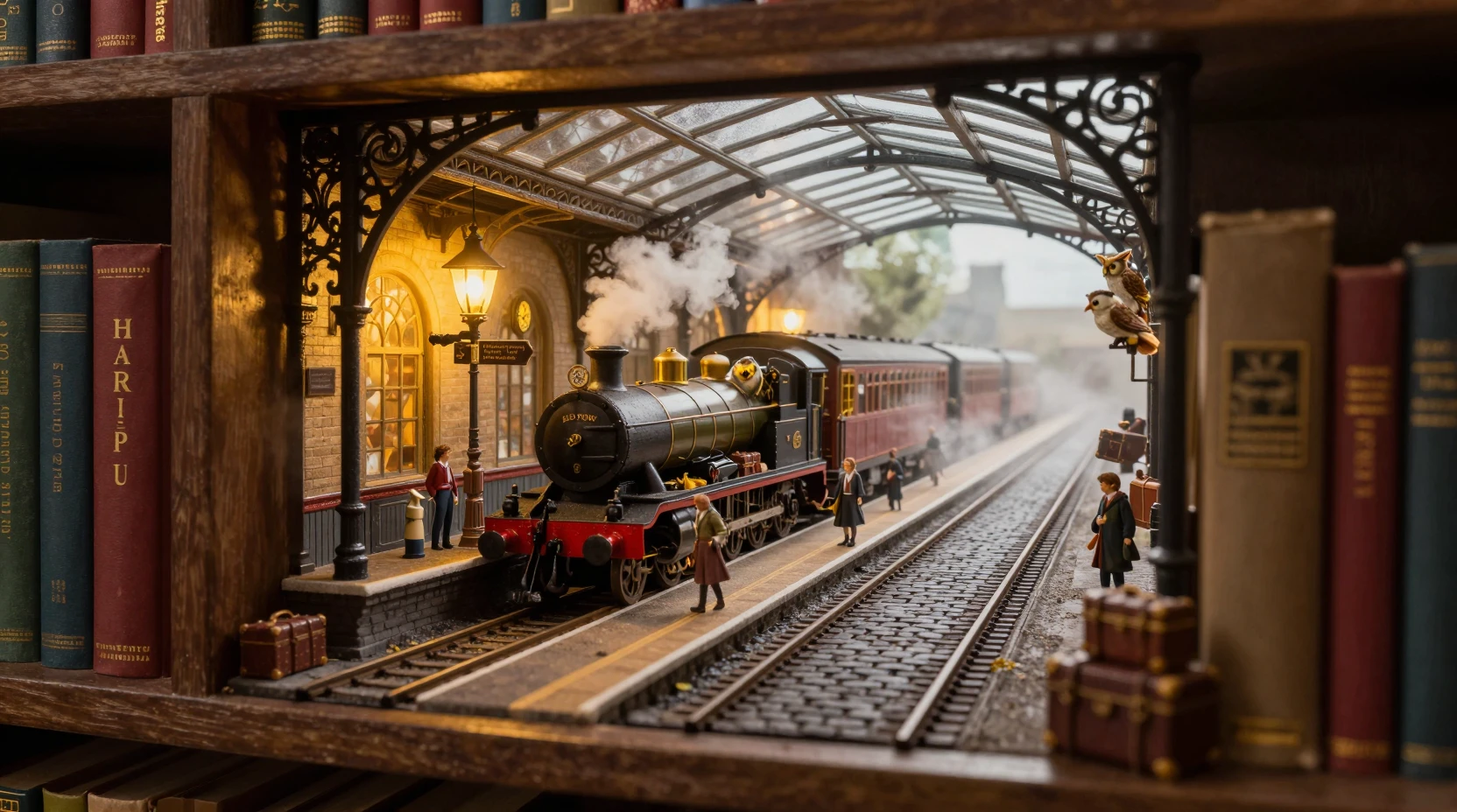 Plataforma de trem em miniatura mágica escondida entre livros imponentes