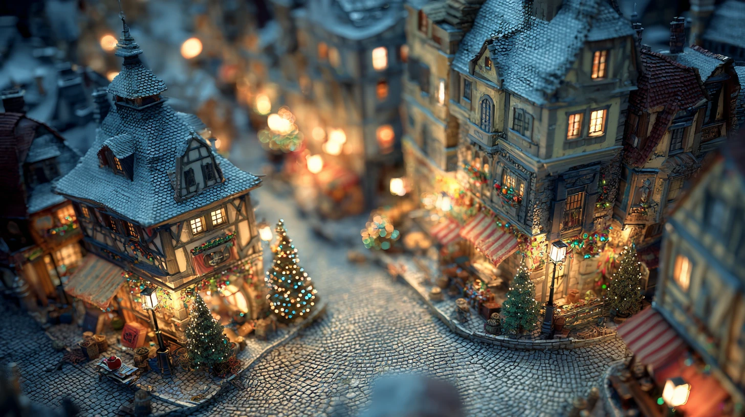 Tilt shift view of a festive medieval Christmas town