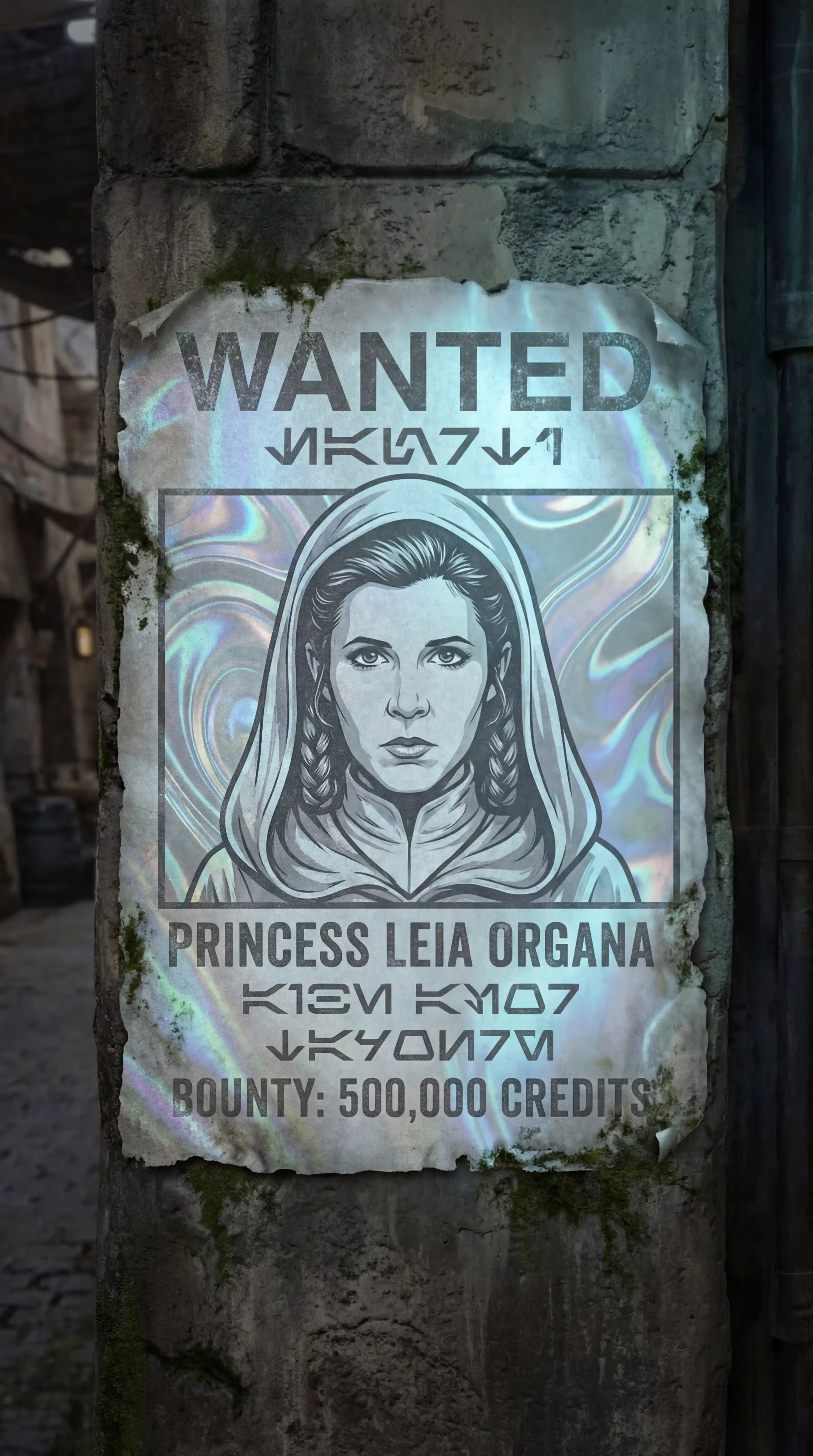 Star Wars style wanted poster of a space princess