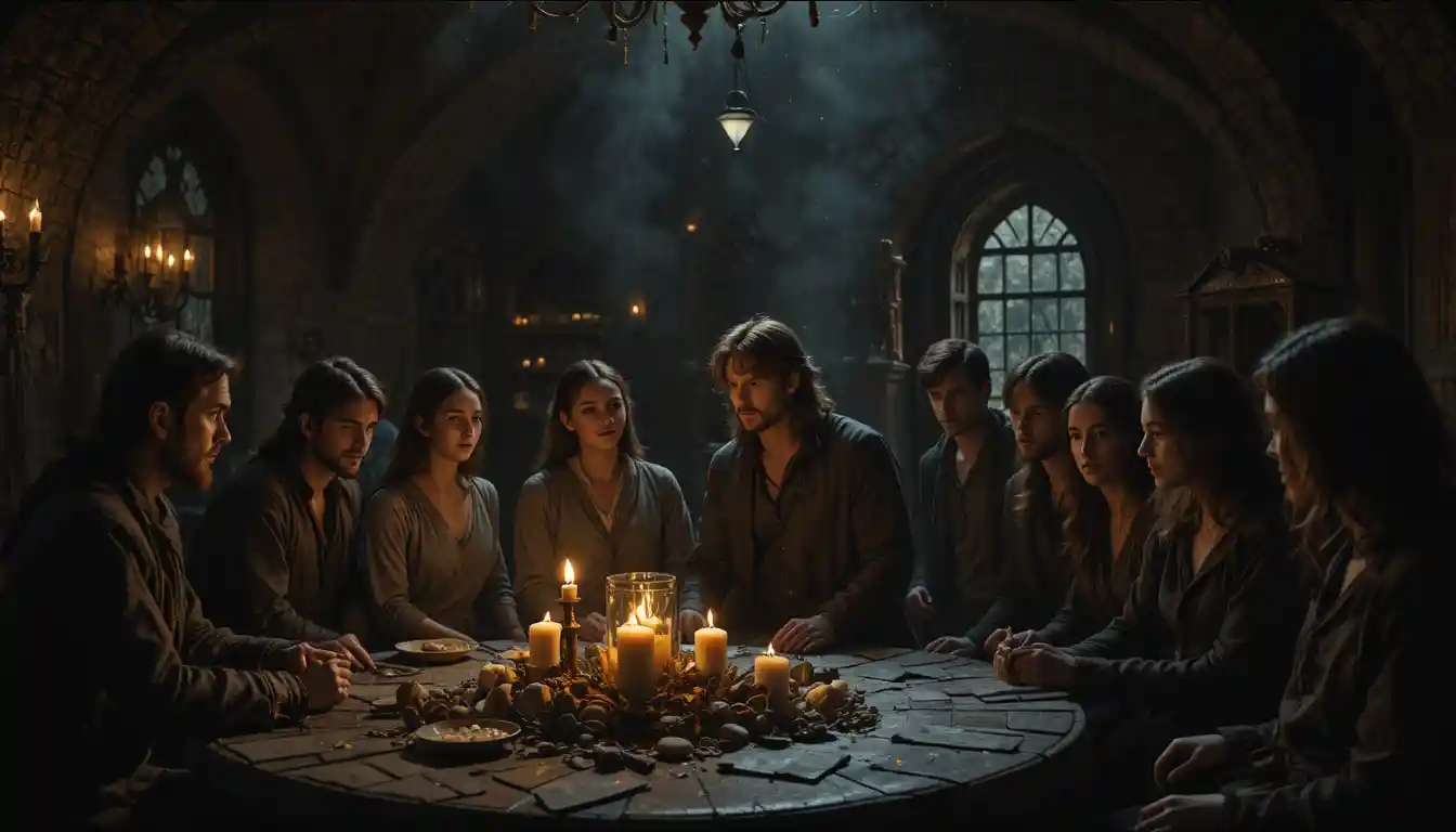 Povo comum em uma taverna medieval escura ouvindo um cantor