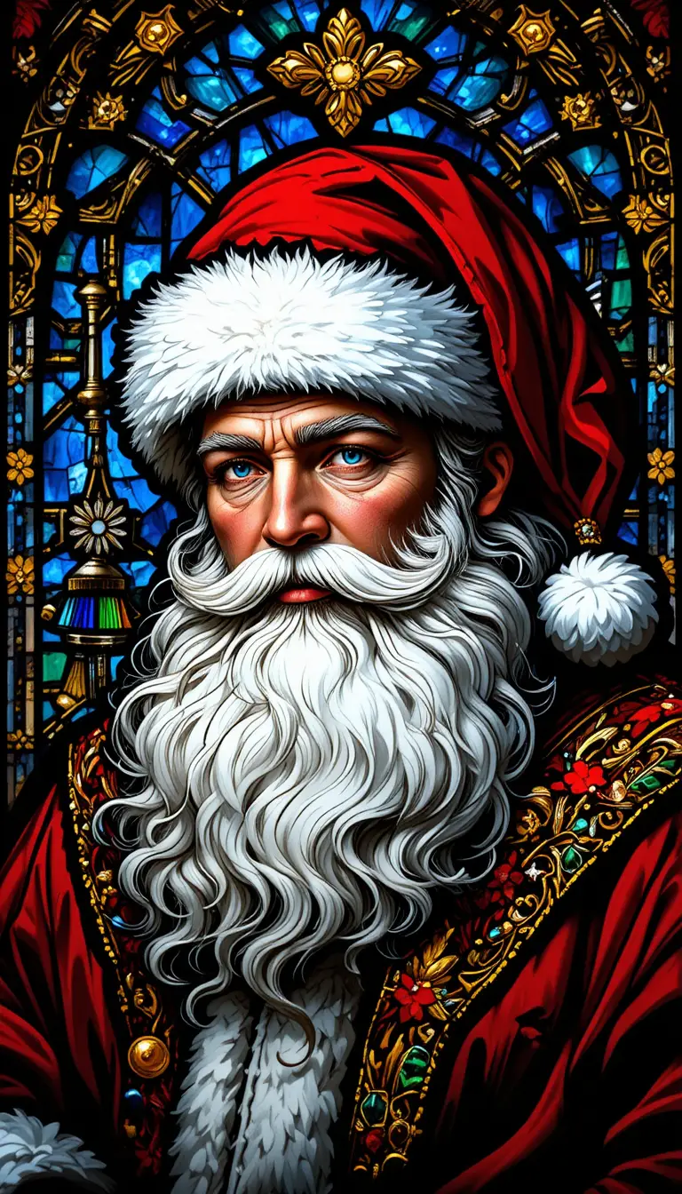 Maestoso ritratto in vetro colorato di Babbo Natale dagli occhi azzurri