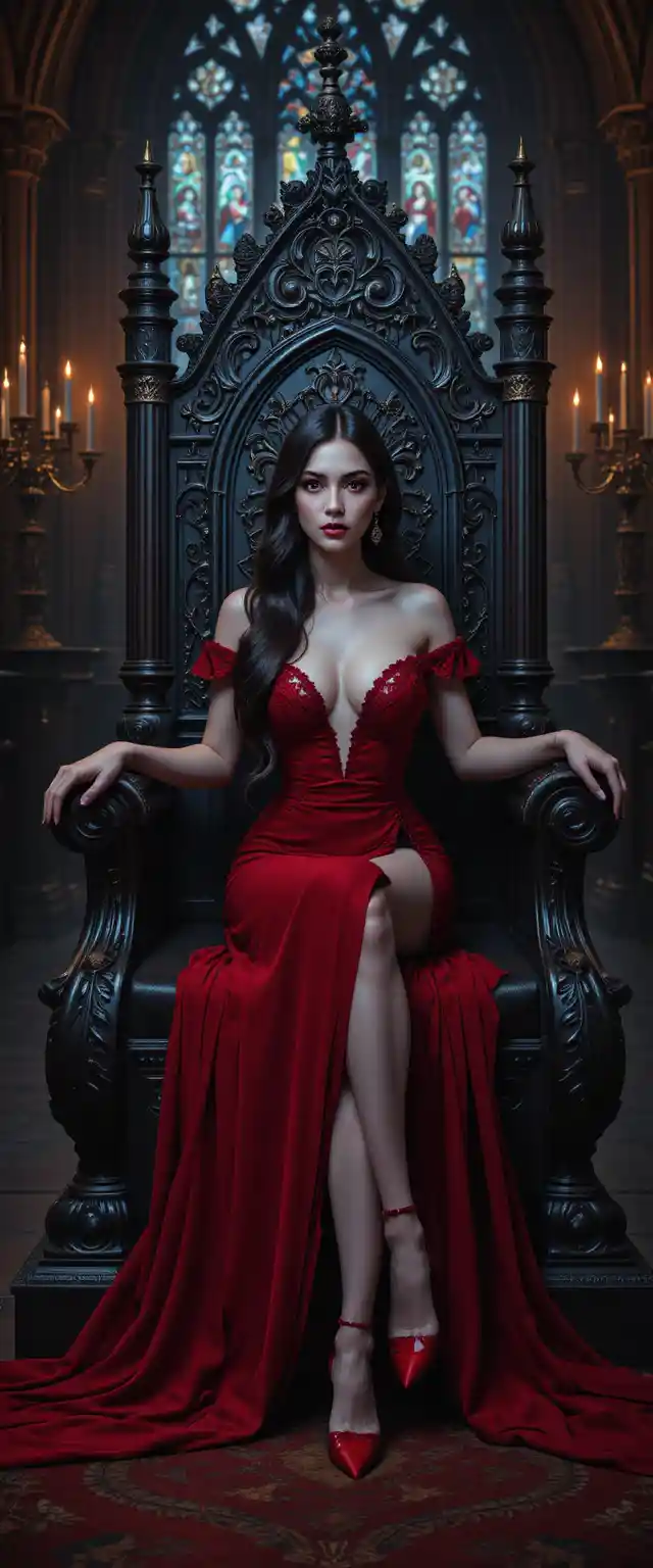Dark haired woman on a throne in gothic cathedral