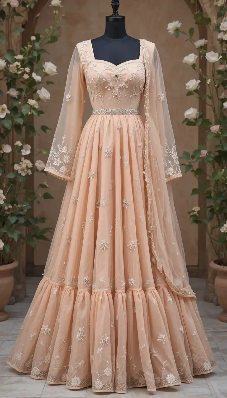 Peach silk kalidaar dress with ivory floral embroidery