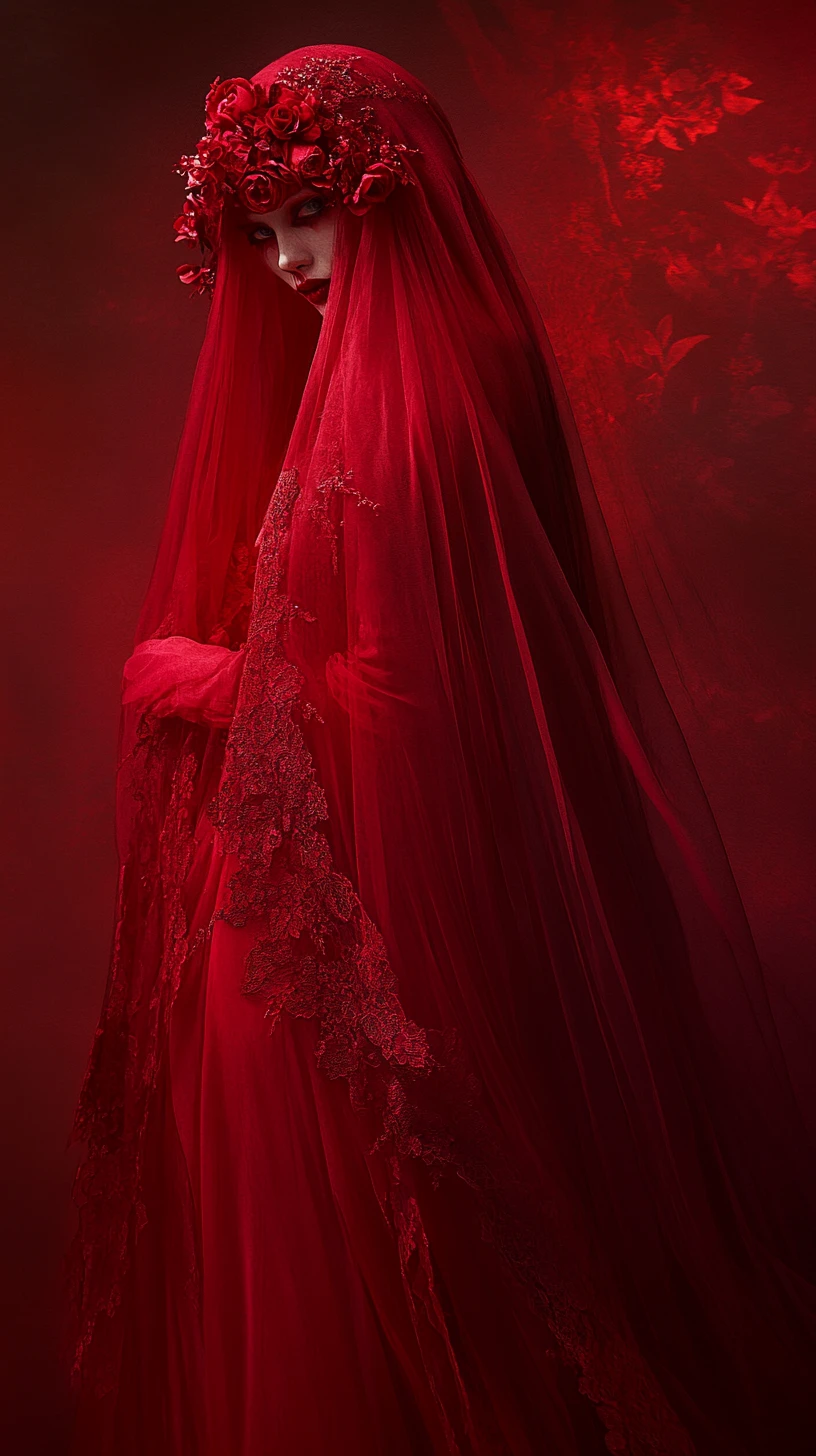 Veiled woman in red gown in candlelit dark room