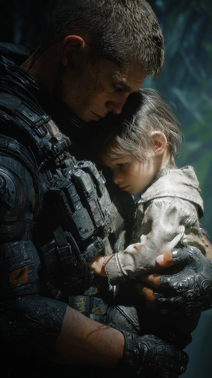 Cinematic sci fi agent with AI child in dystopian city