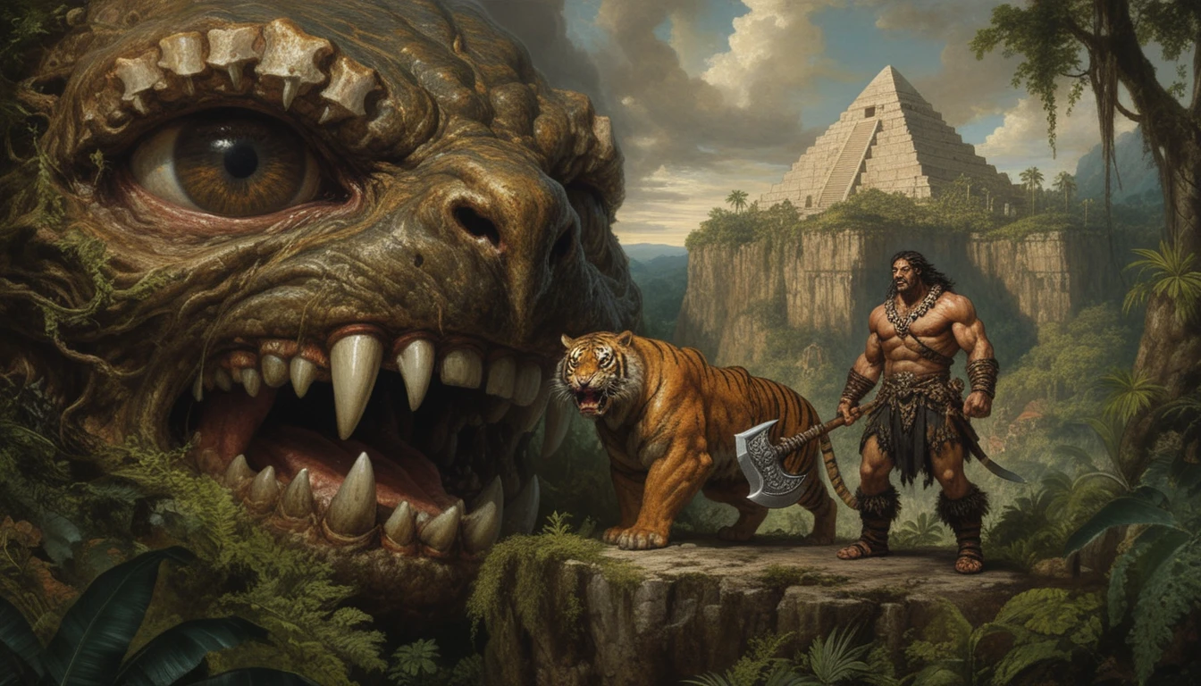 Barbarian Warrior With Armored Tiger On Jungle Cliff