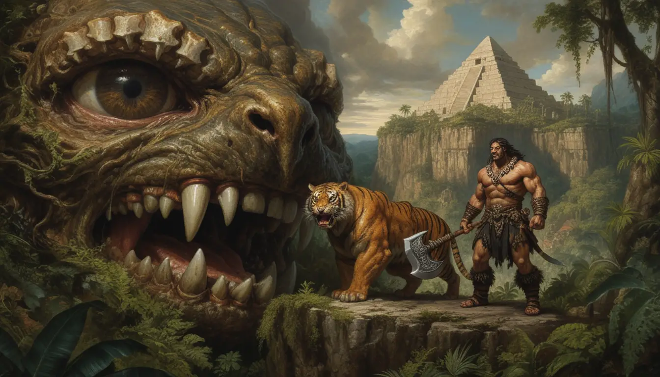 Barbarian Warrior With Armored Tiger On Jungle Cliff
