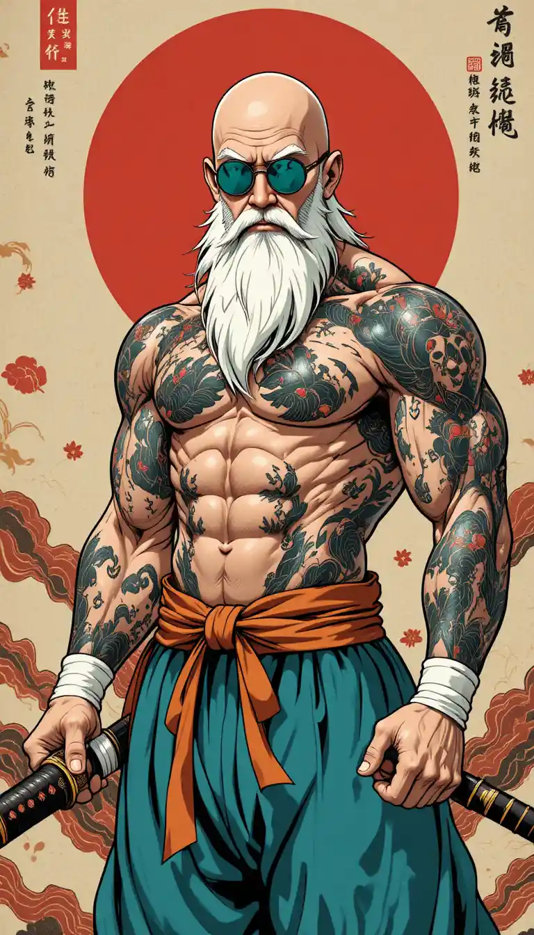 刺青高齡武術家與武士刀的浮世繪風格圖像