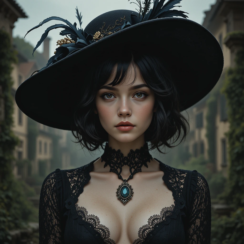 Gothic woman in wide brim hat before faded cityscape