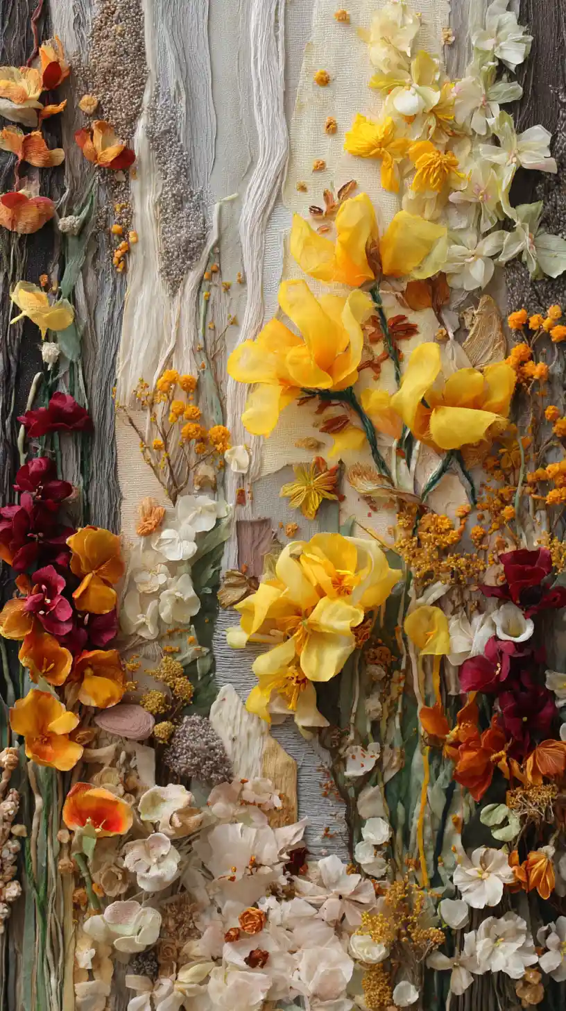 Textile collage sculpture bursting from a flat abstract background