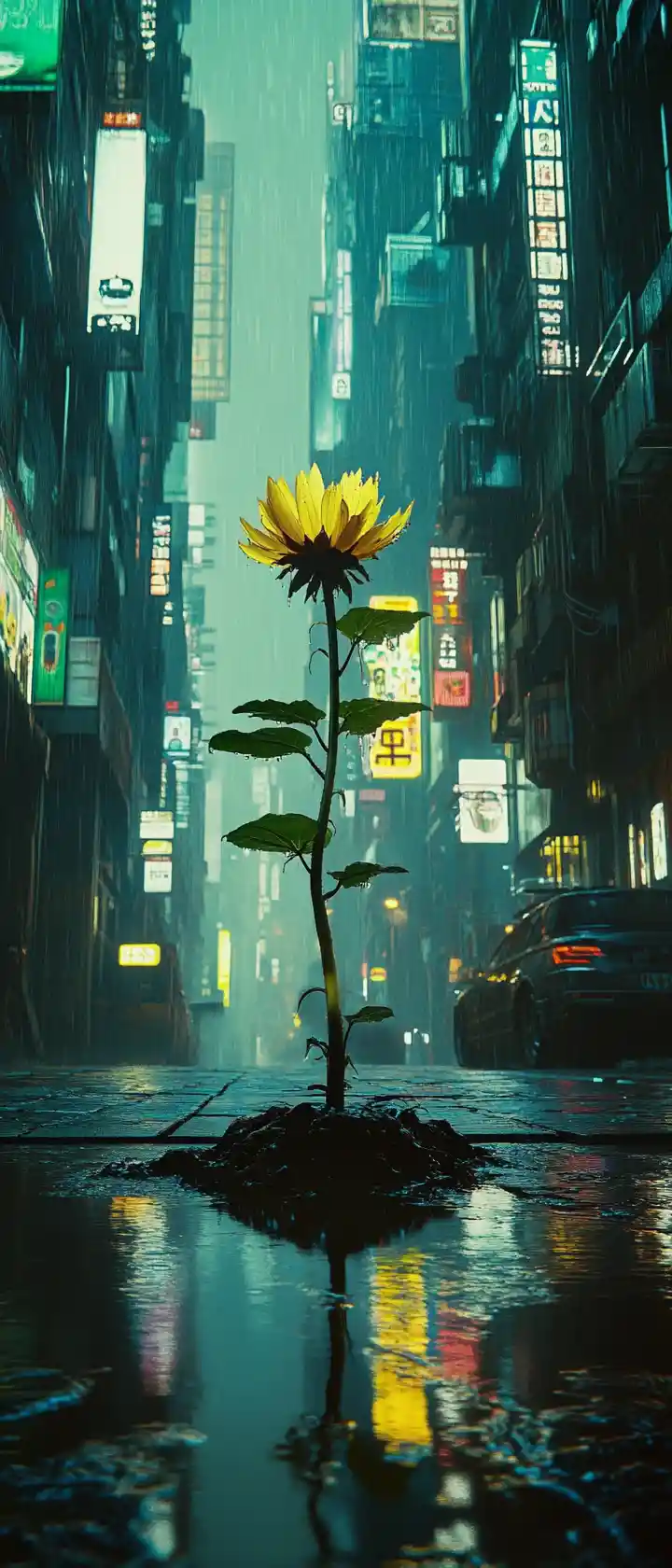 Lonely android sketching a glowing flower on a rooftop